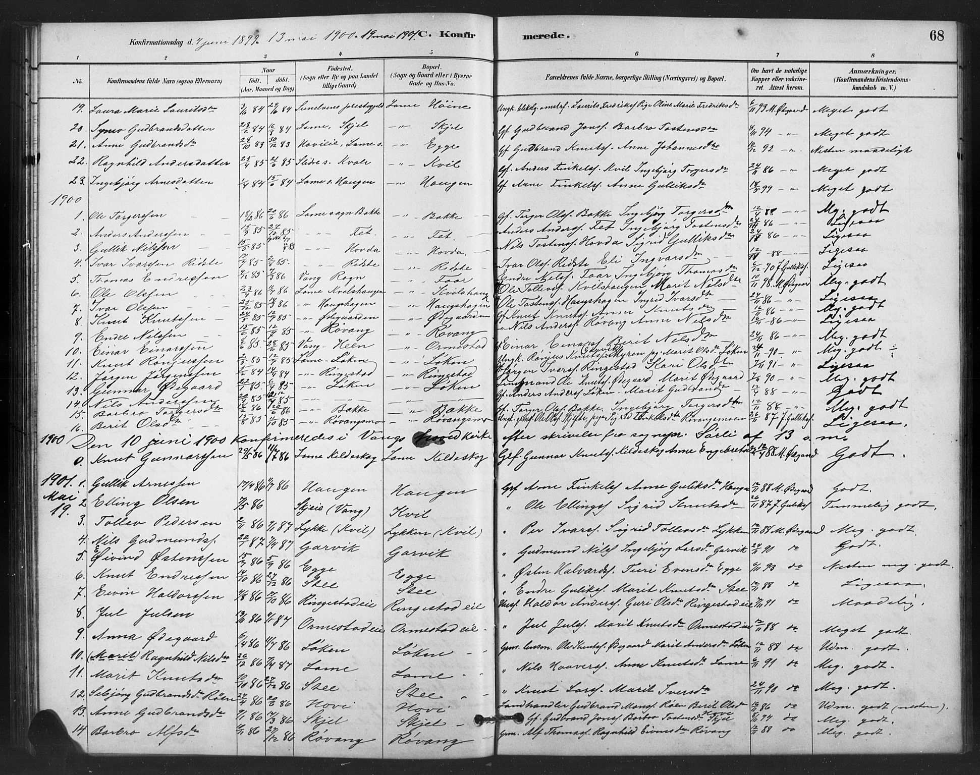 Vestre Slidre prestekontor, SAH/PREST-136/H/Ha/Hab/L0006: Parish register (copy) no. 6, 1881-1915, p. 68