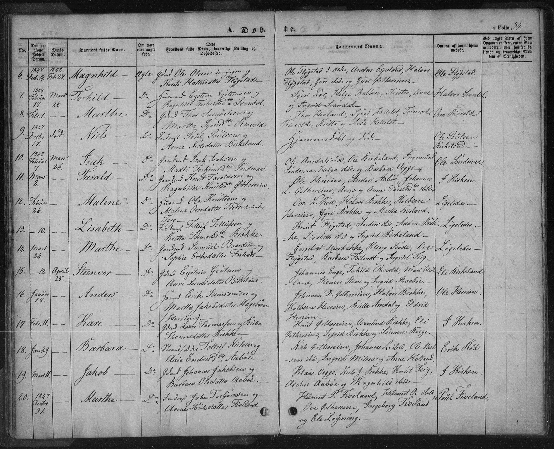 Sand sokneprestkontor, AV/SAST-A-101848/01/III/L0002: Parish register (official) no. A 2, 1838-1859, p. 34