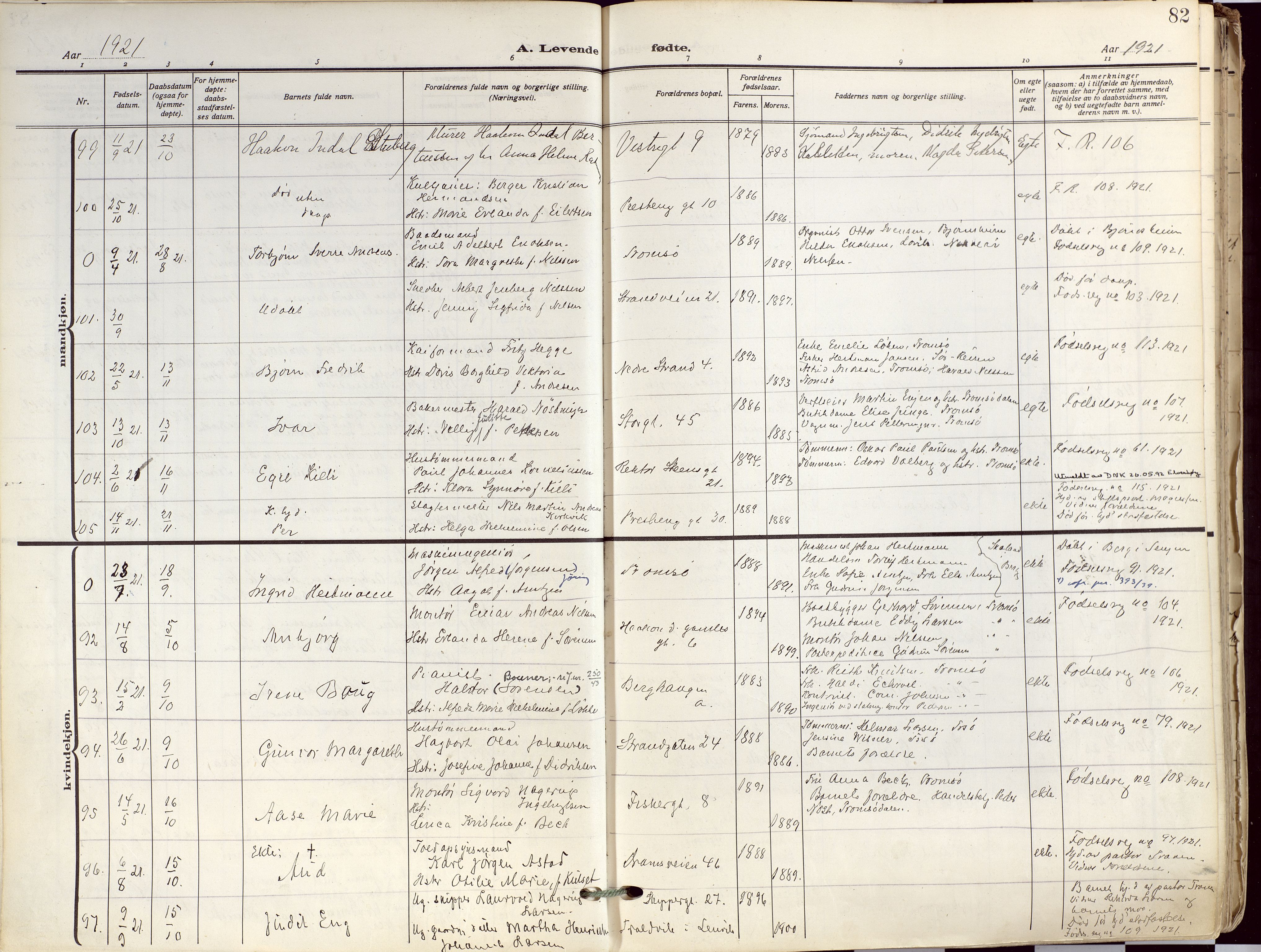 Tromsø sokneprestkontor/stiftsprosti/domprosti, AV/SATØ-S-1343/G/Ga/L0019kirke: Parish register (official) no. 19, 1917-1927, p. 82