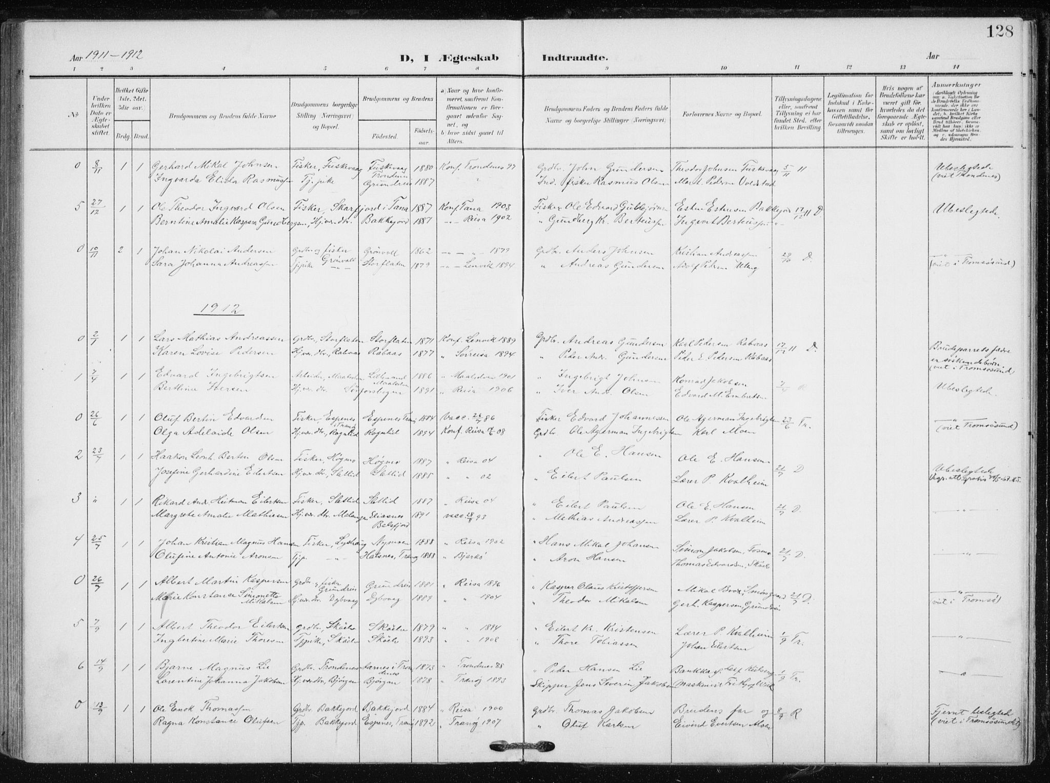 Tranøy sokneprestkontor, AV/SATØ-S-1313/I/Ia/Iaa/L0012kirke: Parish register (official) no. 12, 1905-1918, p. 128