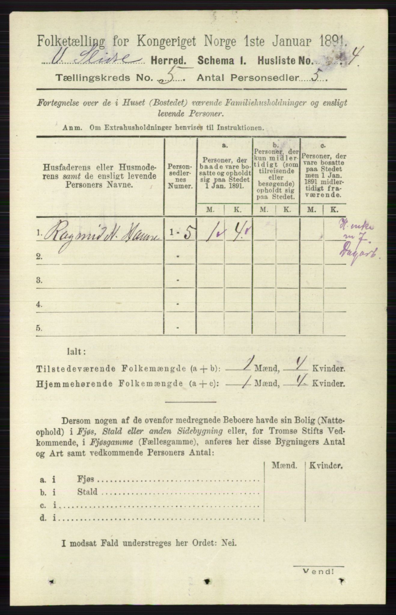 RA, 1891 census for 0543 Vestre Slidre, 1891, p. 1692