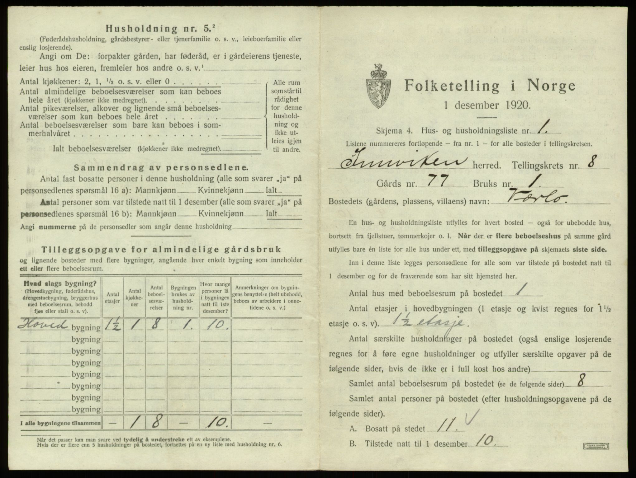 SAB, 1920 census for Innvik, 1920, p. 448