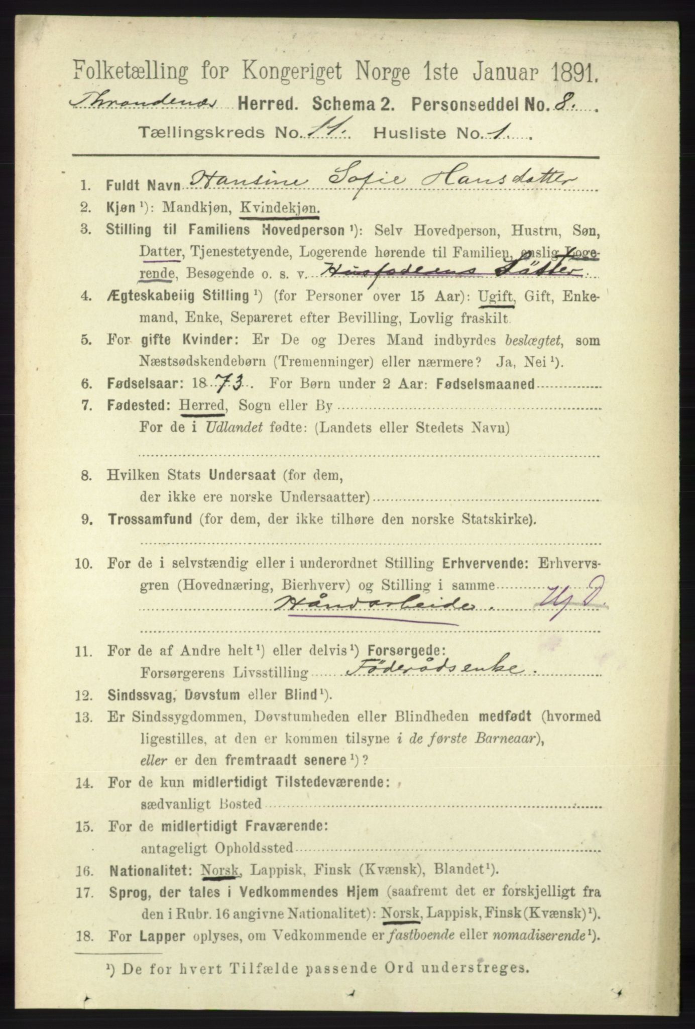 RA, 1891 census for 1914 Trondenes, 1891, p. 8006