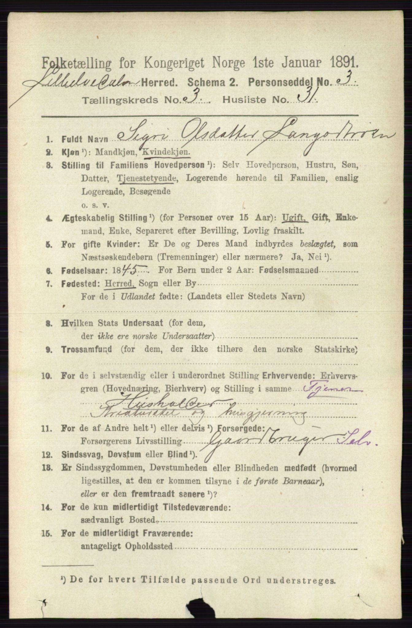 RA, 1891 census for 0438 Lille Elvedalen, 1891, p. 1289