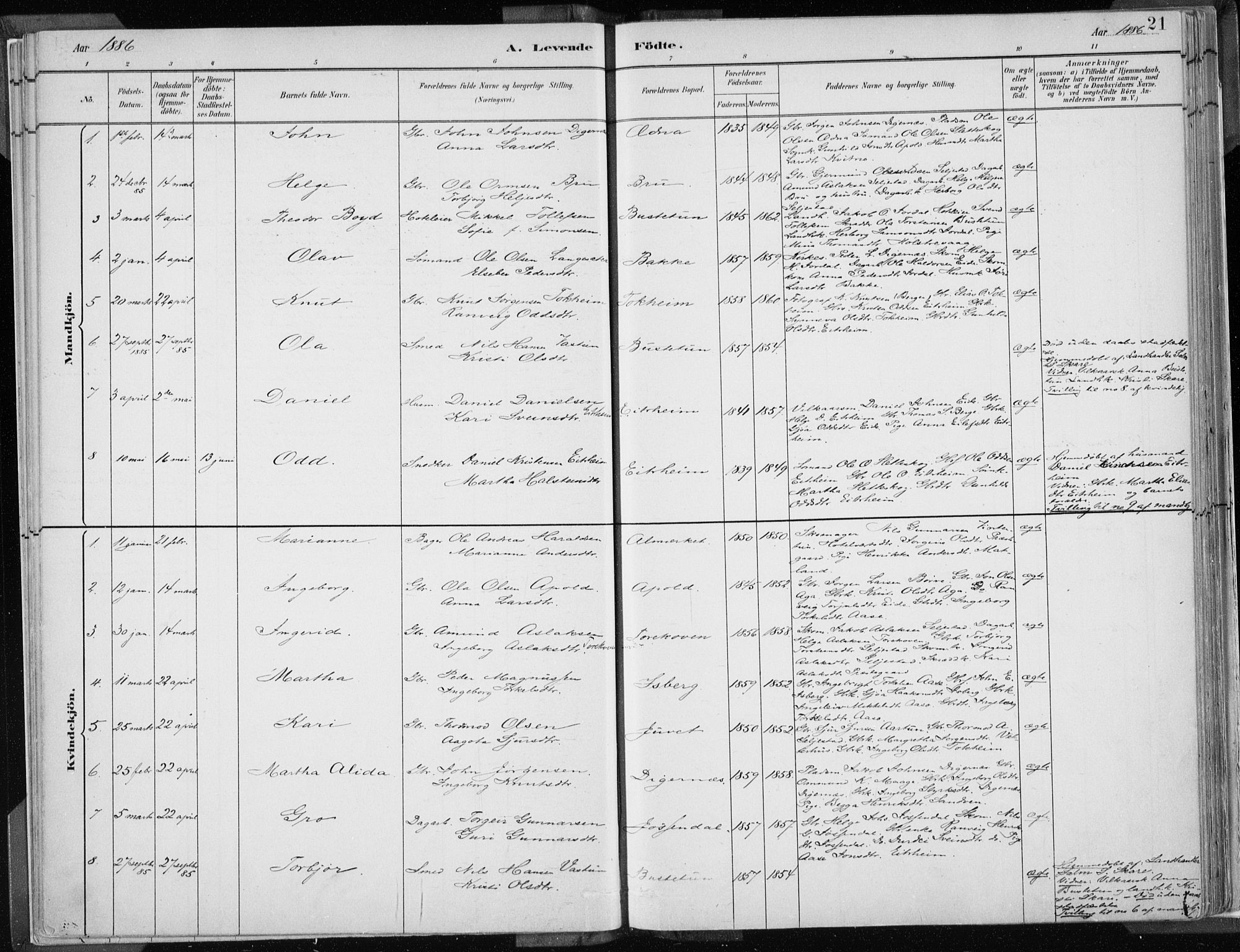 Odda Sokneprestembete, SAB/A-77201/H/Haa: Parish register (official) no. A  3, 1882-1913, p. 21
