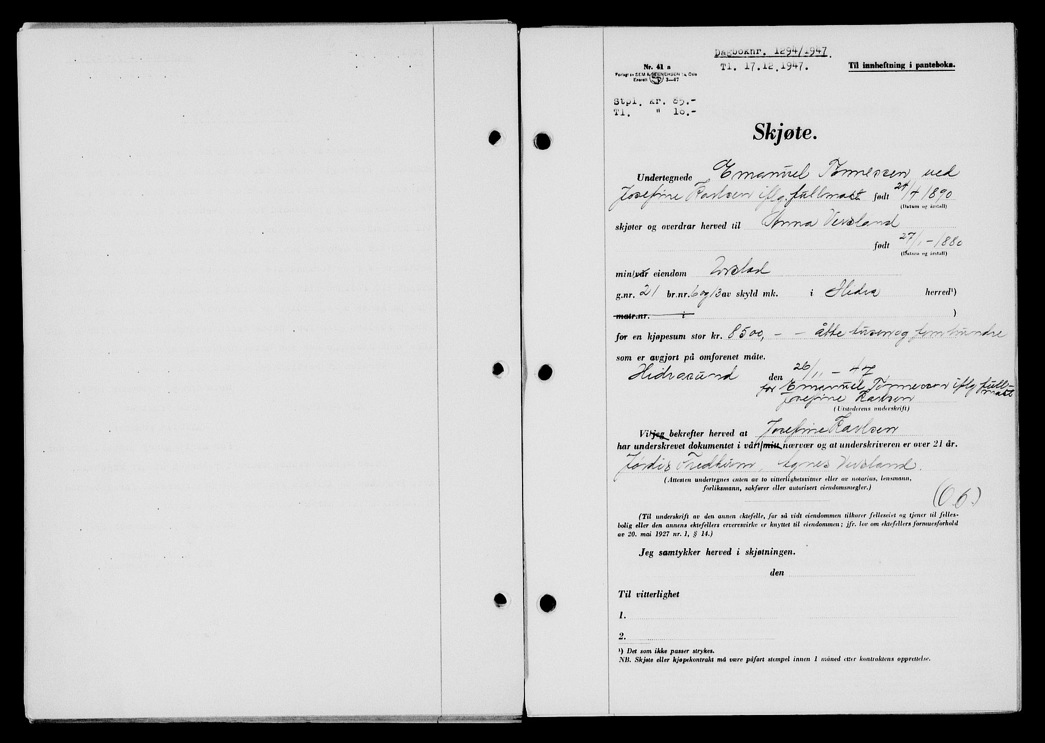 Flekkefjord sorenskriveri, AV/SAK-1221-0001/G/Gb/Gba/L0063: Mortgage book no. A-11, 1947-1948, Diary no: : 1294/1947