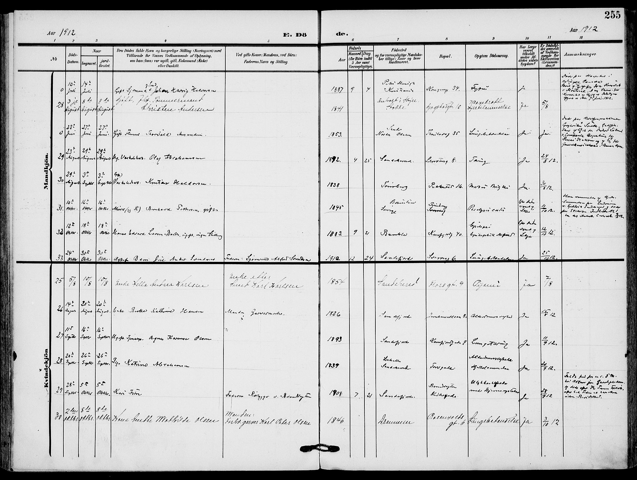 Sandefjord kirkebøker, AV/SAKO-A-315/F/Fa/L0005: Parish register (official) no. 5, 1906-1915, p. 255