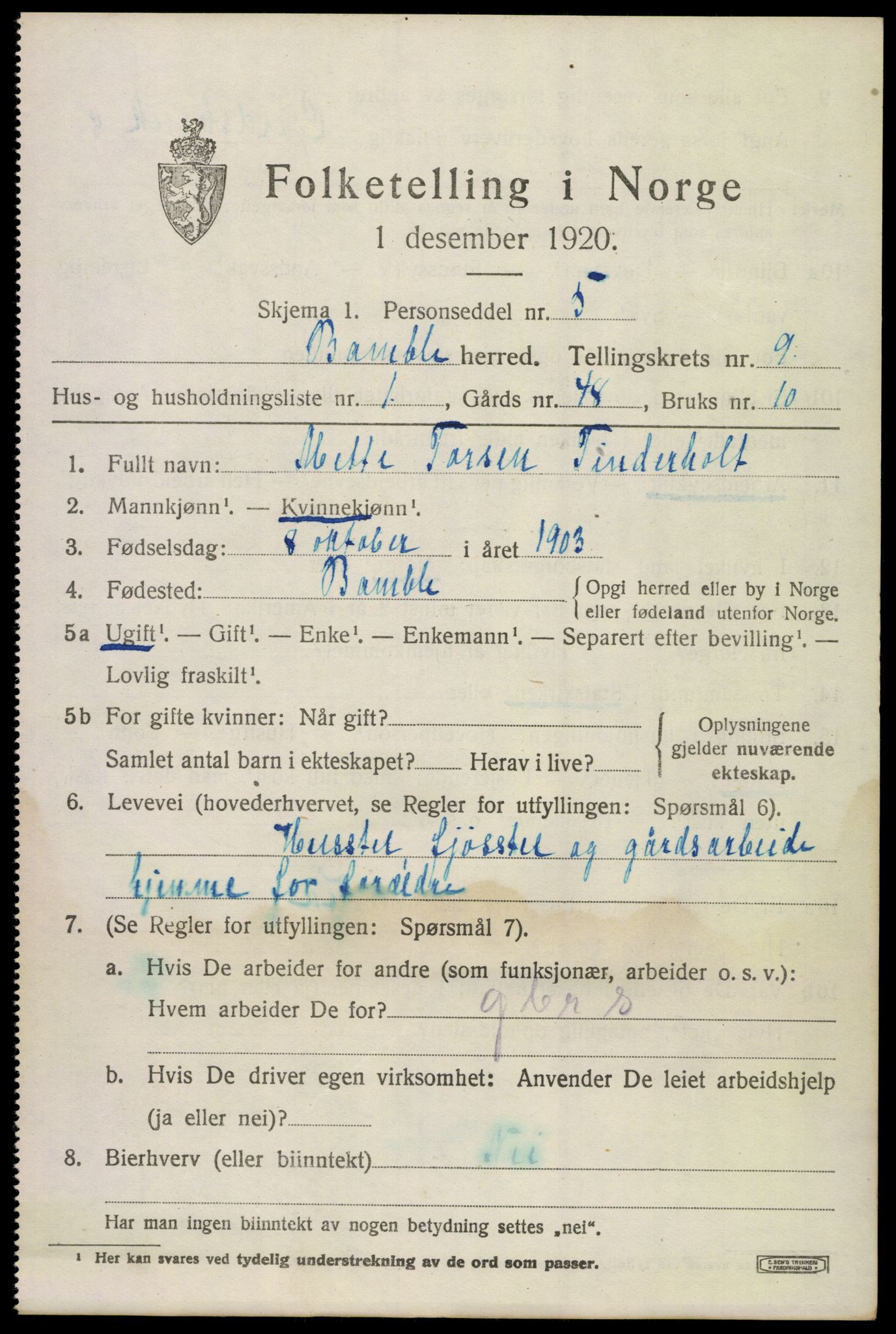 SAKO, 1920 census for Bamble, 1920, p. 7805