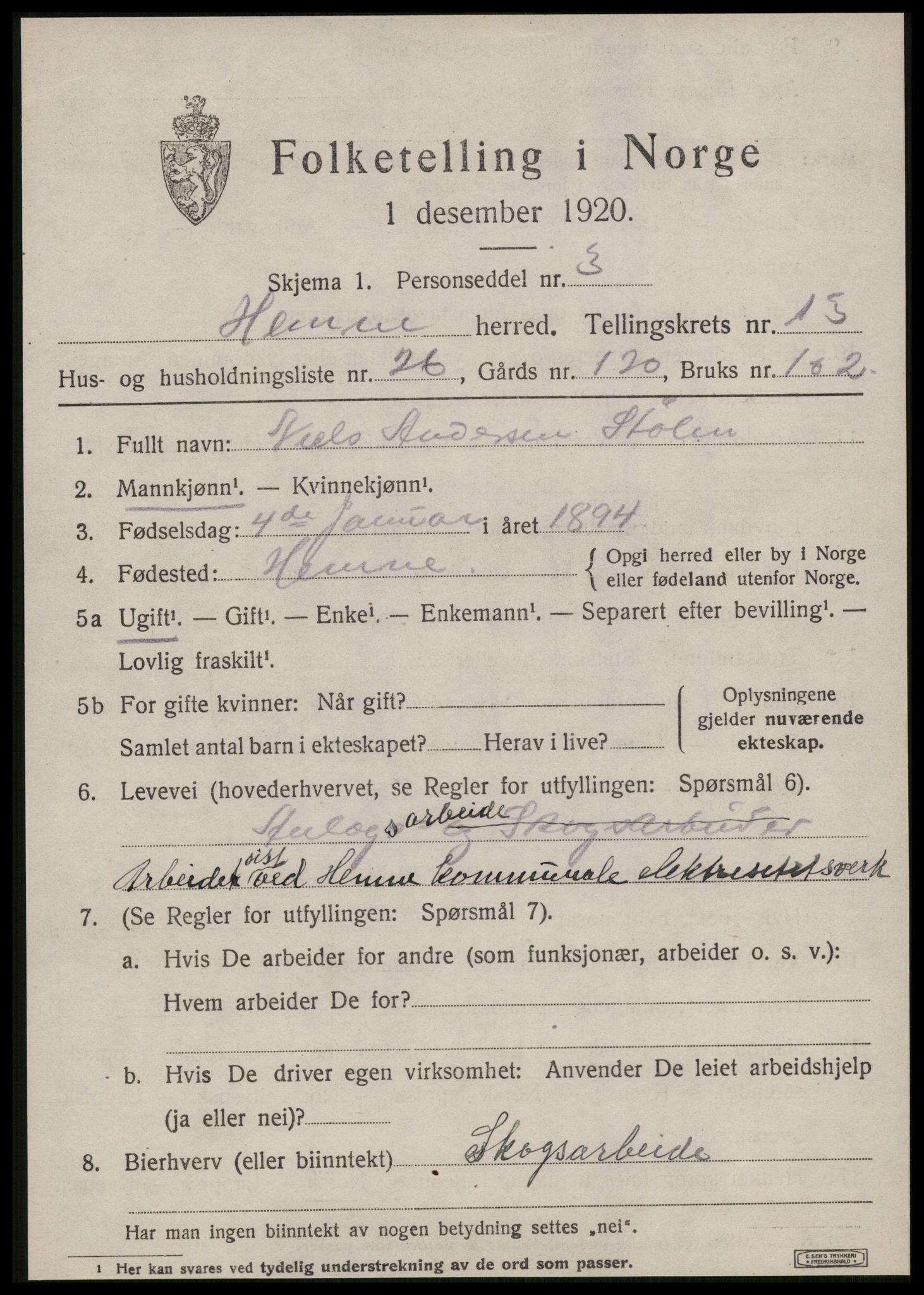 SAT, 1920 census for Hemne, 1920, p. 7550