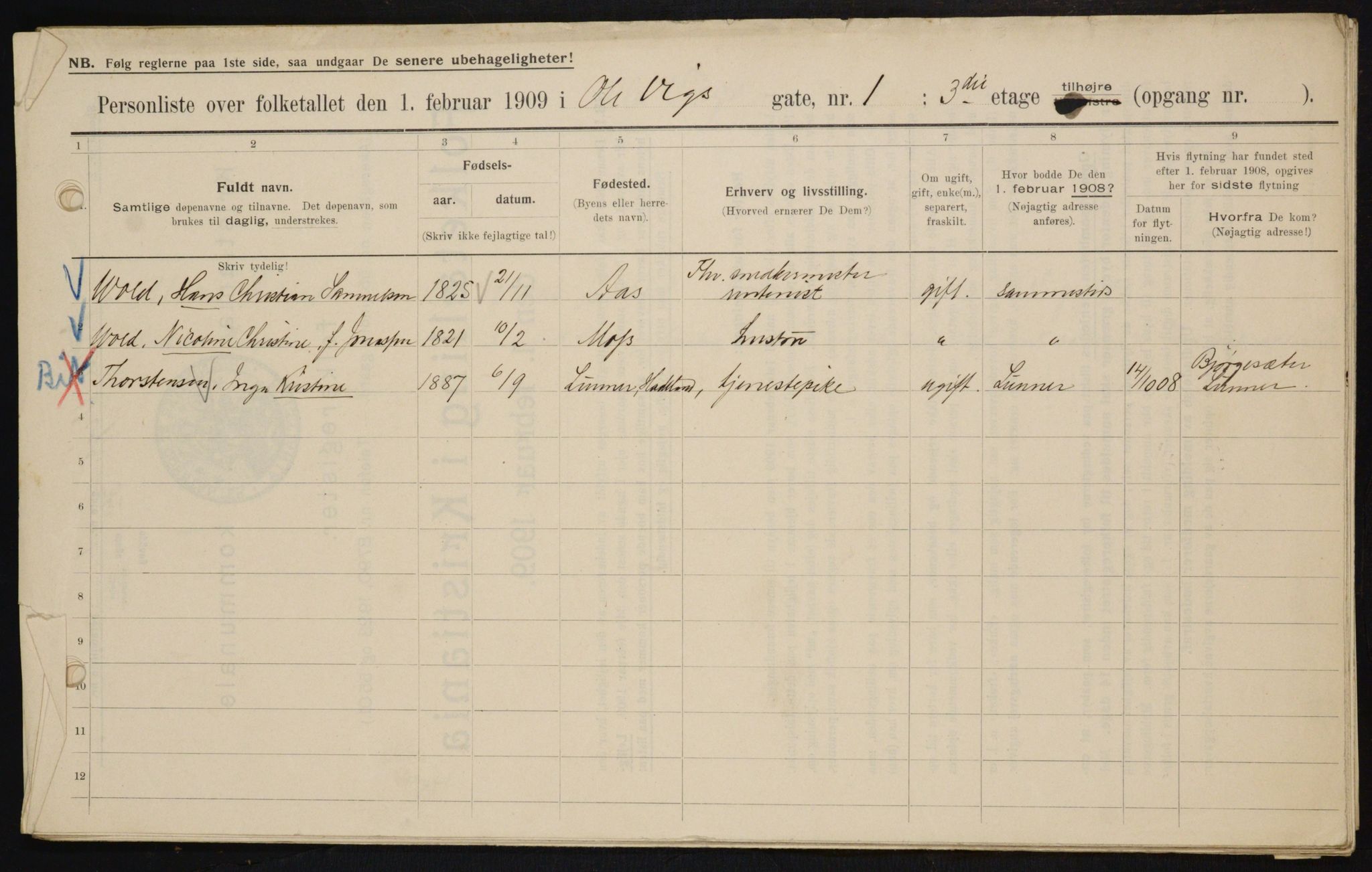 OBA, Municipal Census 1909 for Kristiania, 1909, p. 68308