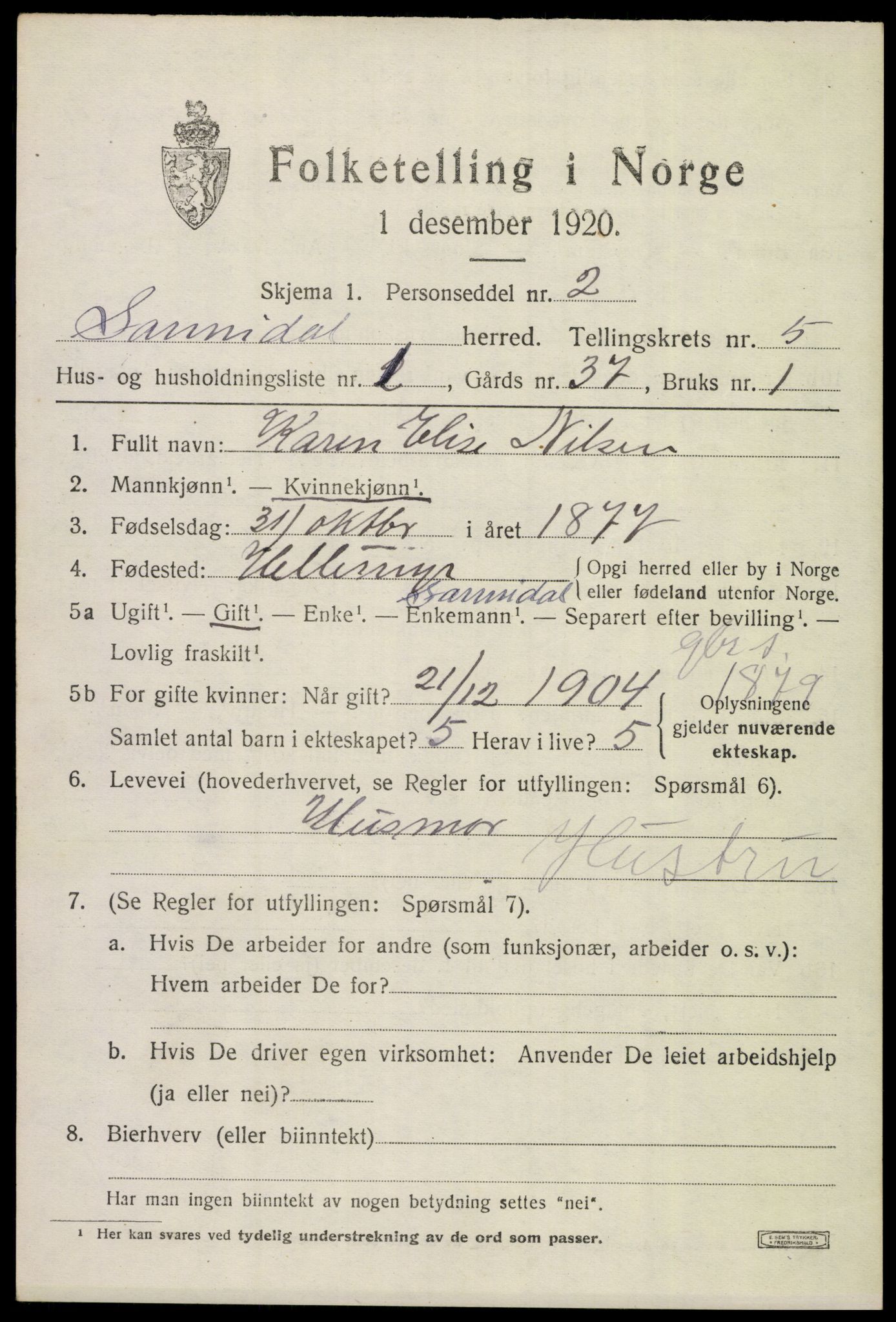 SAKO, 1920 census for Sannidal, 1920, p. 4067