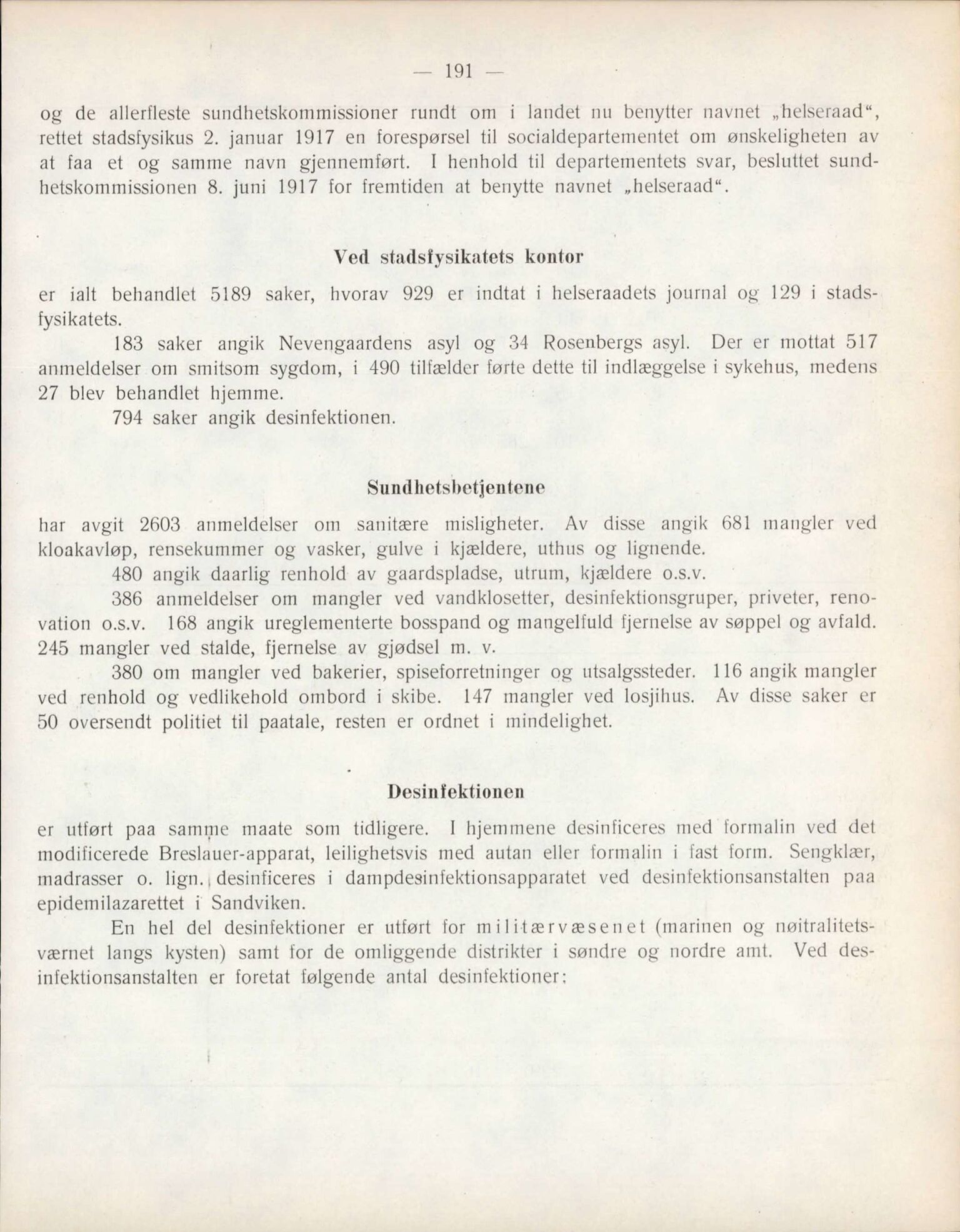 Bergen kommune, Sunnhetsvesen (Bergen helseråd), BBA/A-2617/X/Xa/L0010: Årsmelding, 1917