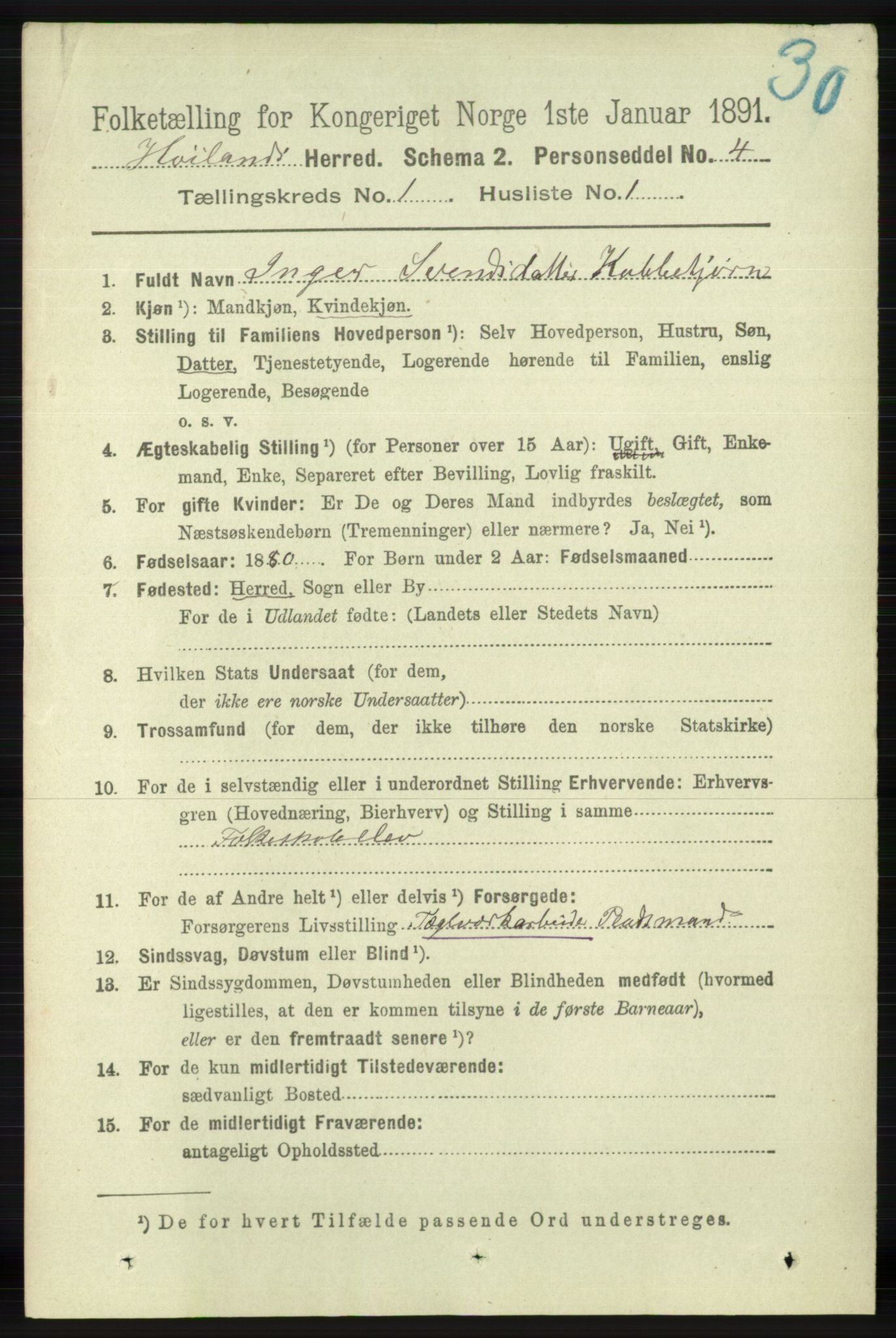 RA, 1891 census for 1123 Høyland, 1891, p. 67