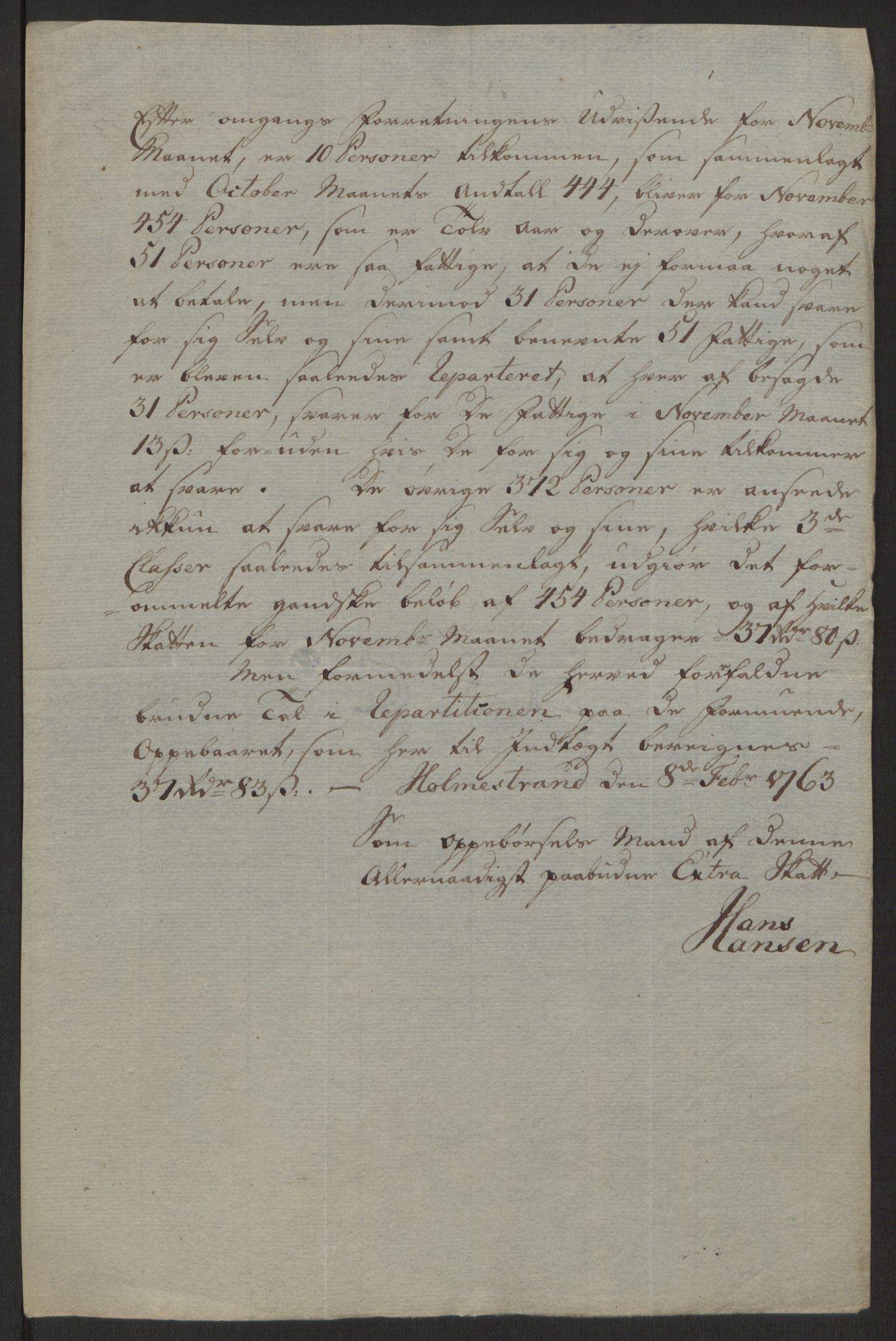 Rentekammeret inntil 1814, Reviderte regnskaper, Byregnskaper, AV/RA-EA-4066/R/Rh/L0163/0001: [H4] Kontribusjonsregnskap / Ekstraskatt, Holmestrand, 1762-1772, p. 23