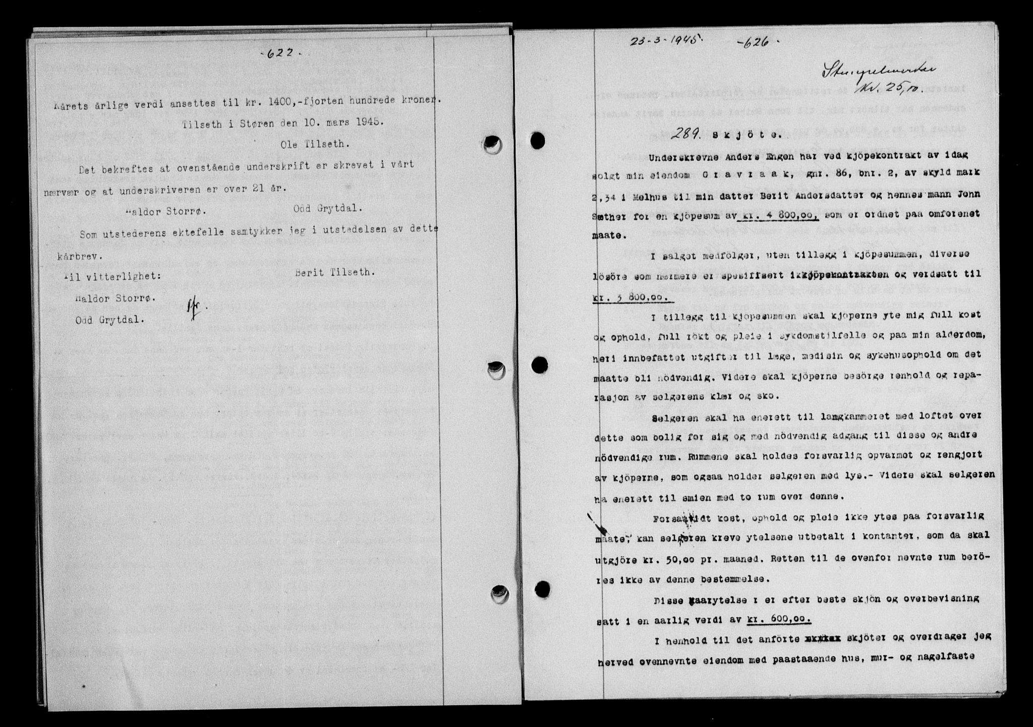 Gauldal sorenskriveri, SAT/A-0014/1/2/2C/L0058: Mortgage book no. 63, 1944-1945, Diary no: : 289/1945