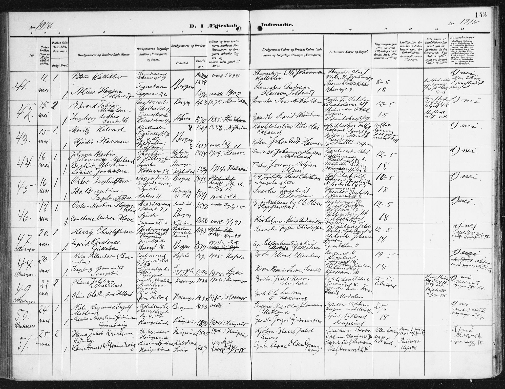Domkirken sokneprestembete, SAB/A-74801/H/Haa/L0038: Parish register (official) no. D 5, 1906-1921, p. 143