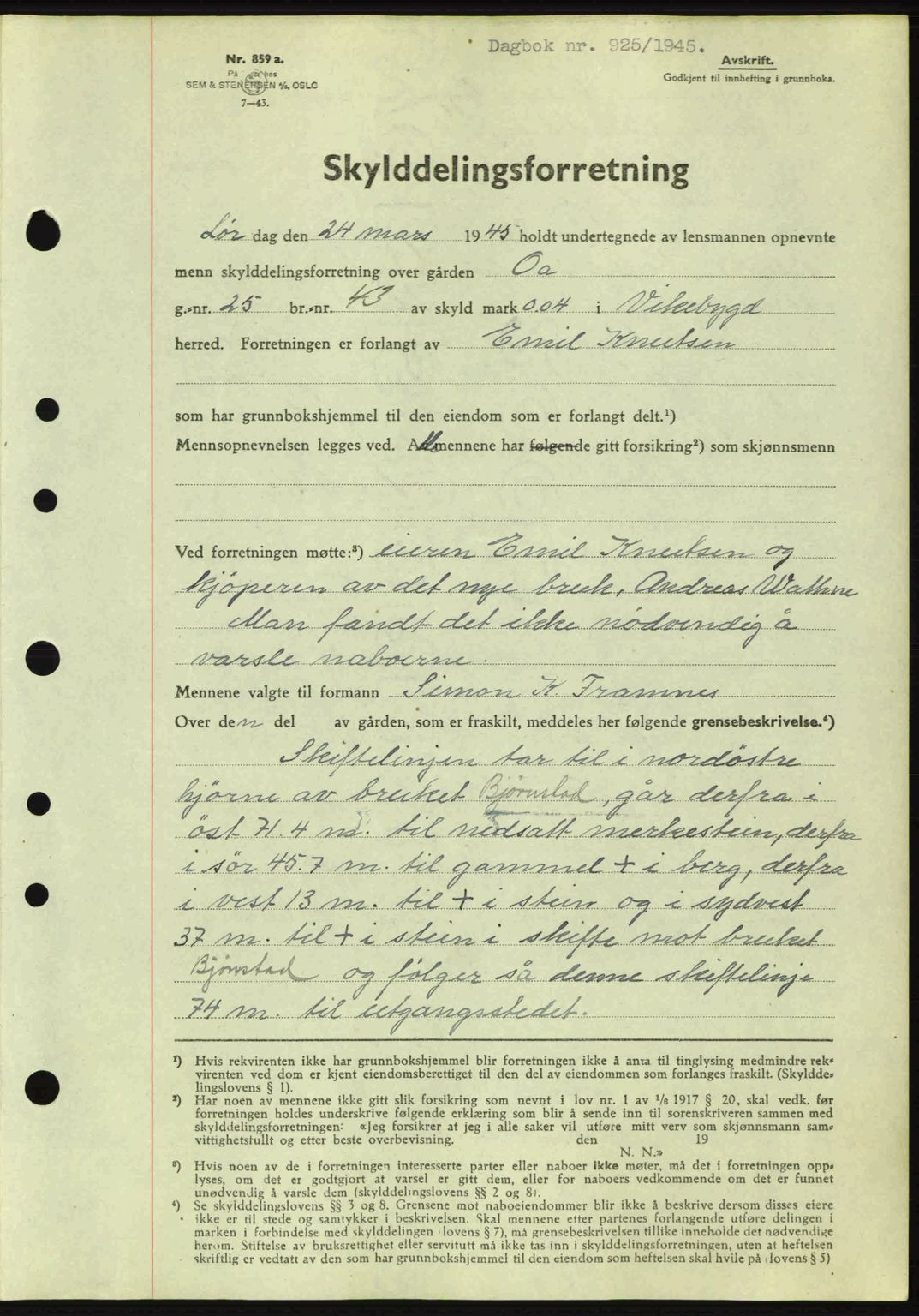 Sunnhordland sorenskrivar, AV/SAB-A-2401: Mortgage book no. A77, 1945-1945, Diary no: : 925/1945