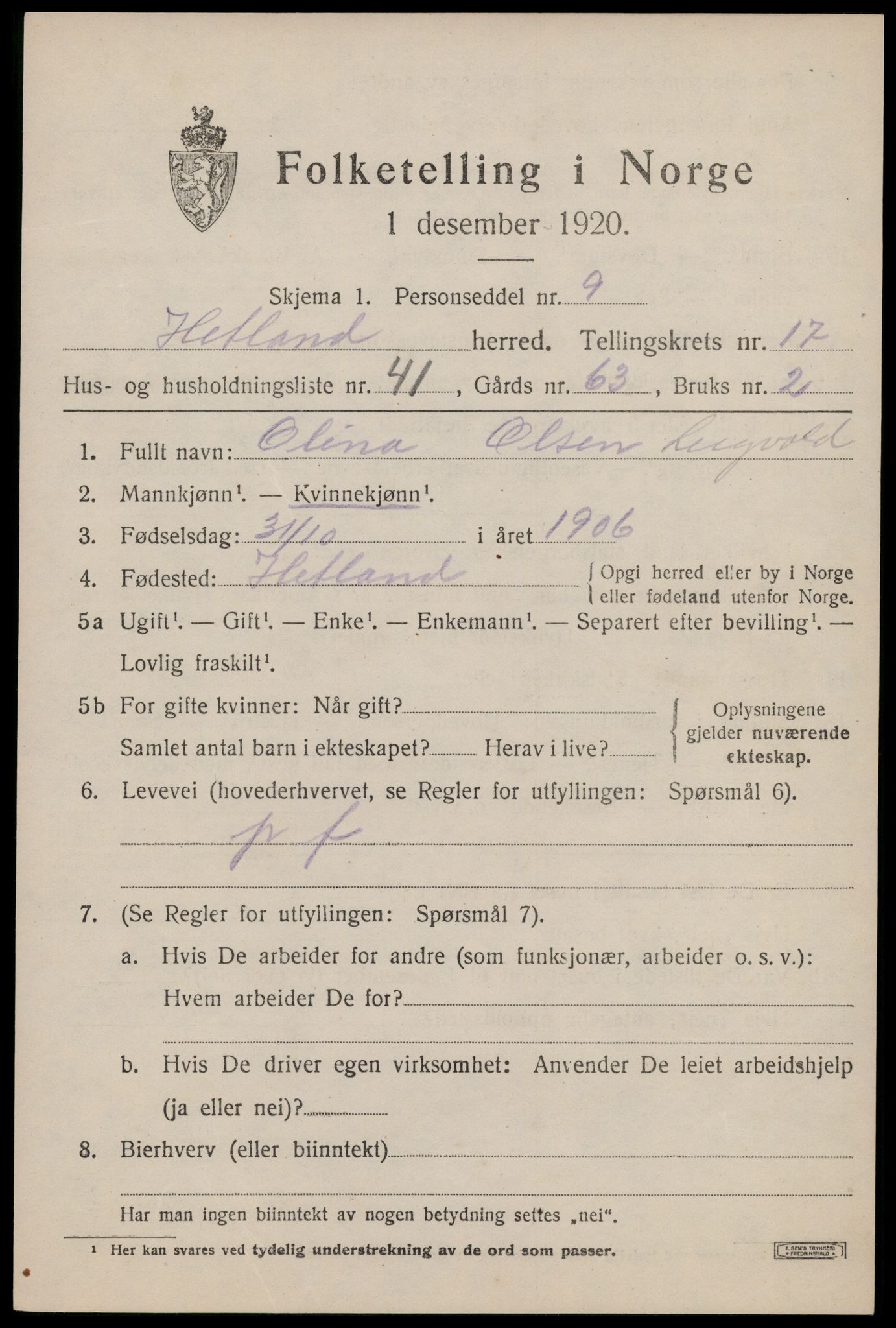 SAST, 1920 census for Hetland, 1920, p. 24999