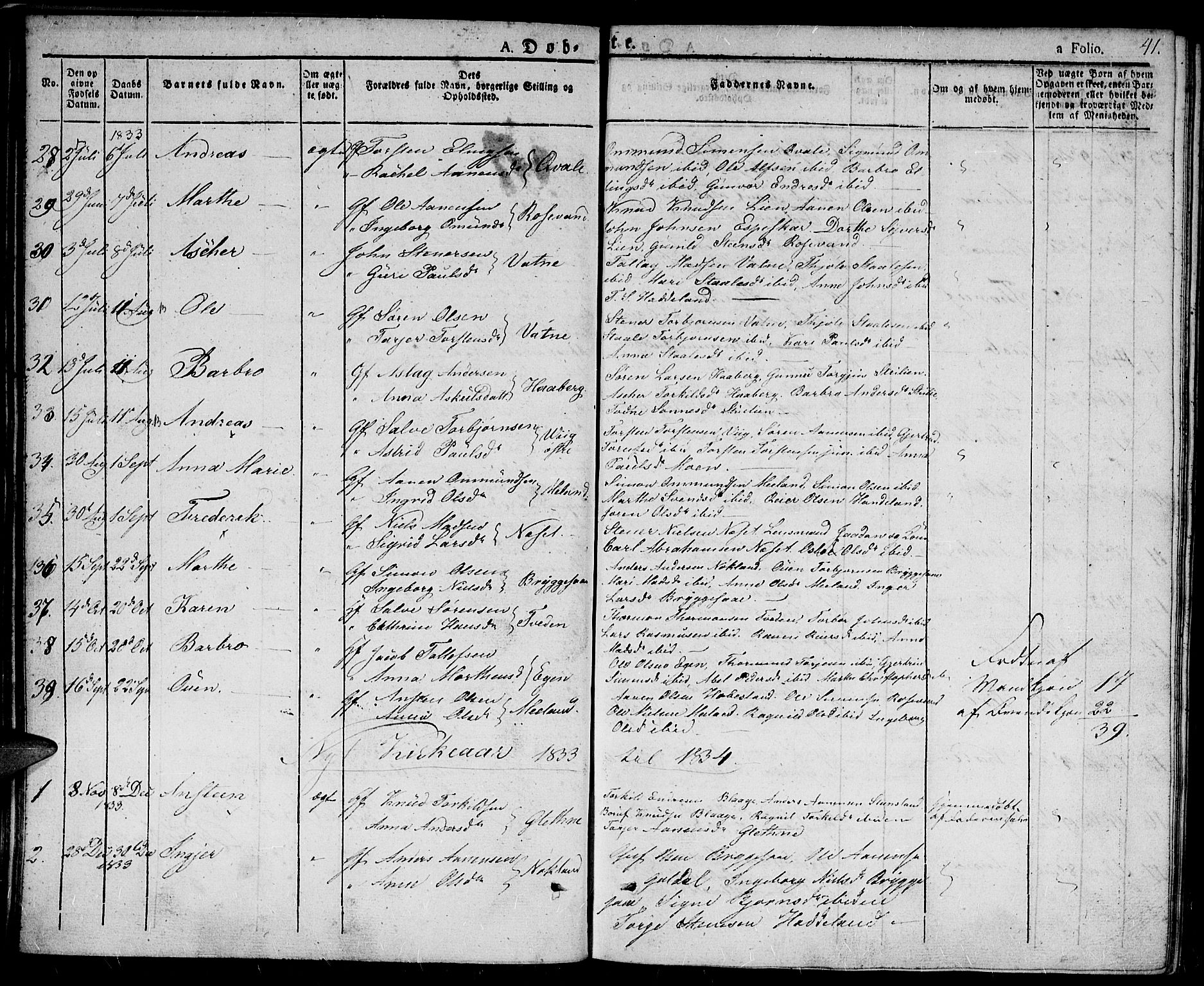 Hægebostad sokneprestkontor, SAK/1111-0024/F/Fa/Fab/L0001: Parish register (official) no. A 1, 1823-1867, p. 41
