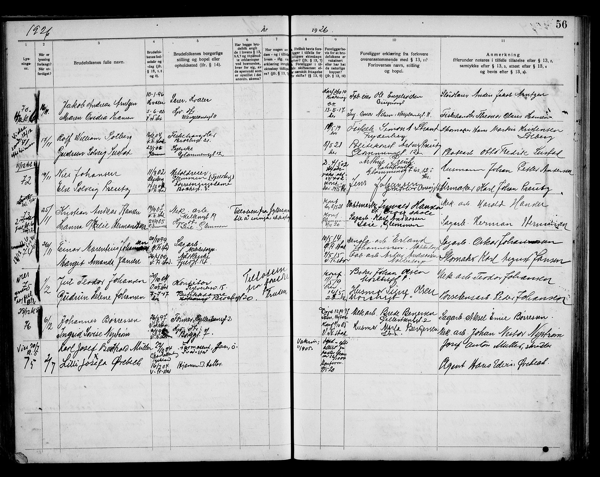 Fredrikstad domkirkes prestekontor Kirkebøker, SAO/A-10906/H/Ha/L0003: Banns register no. 3, 1919-1932, p. 56