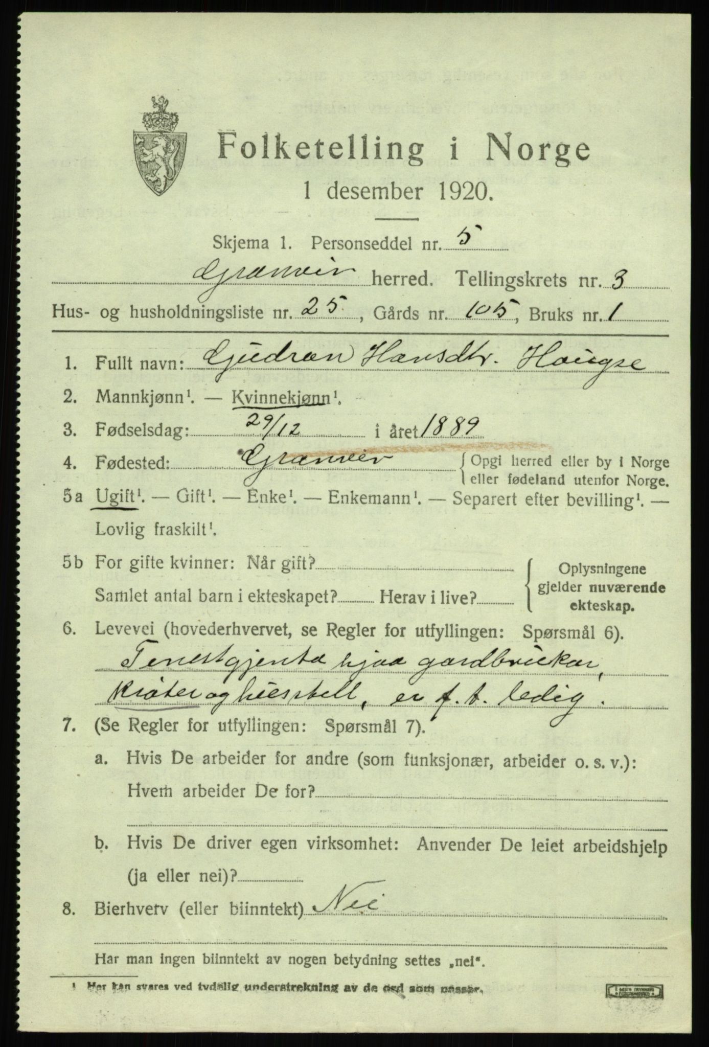 SAB, 1920 census for Granvin, 1920, p. 1422