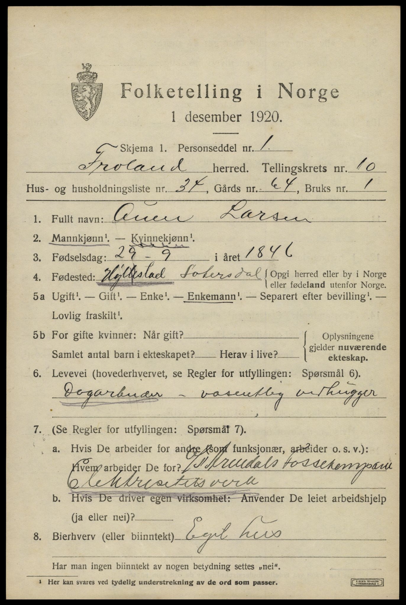 SAK, 1920 census for Froland, 1920, p. 5669