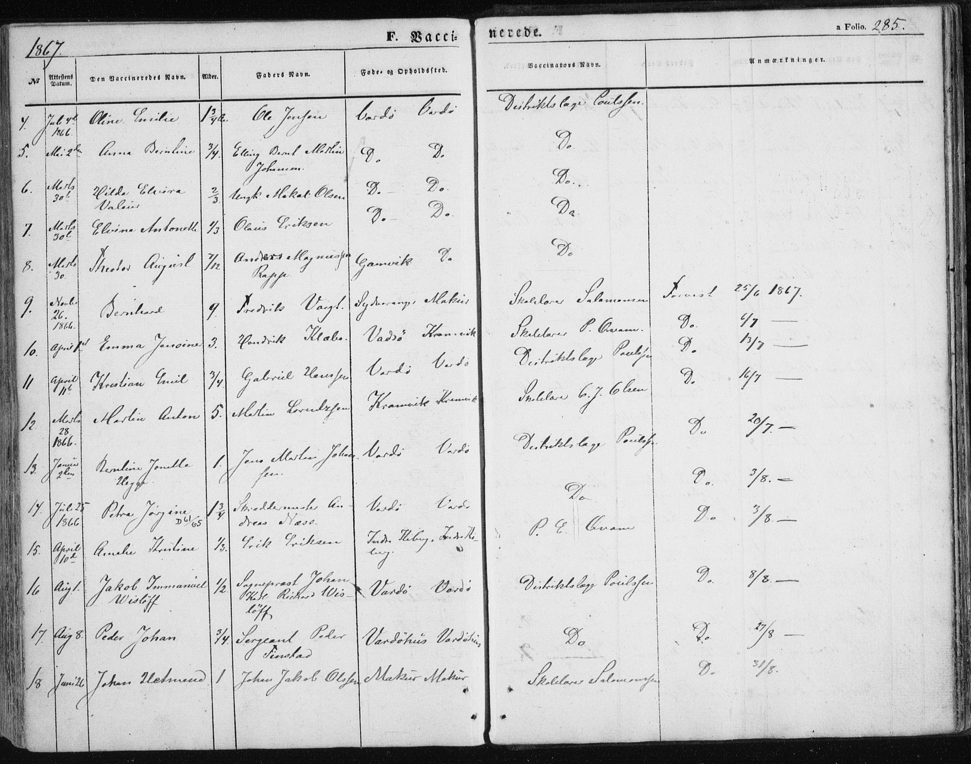 Vardø sokneprestkontor, SATØ/S-1332/H/Ha/L0004kirke: Parish register (official) no. 4, 1862-1871, p. 285