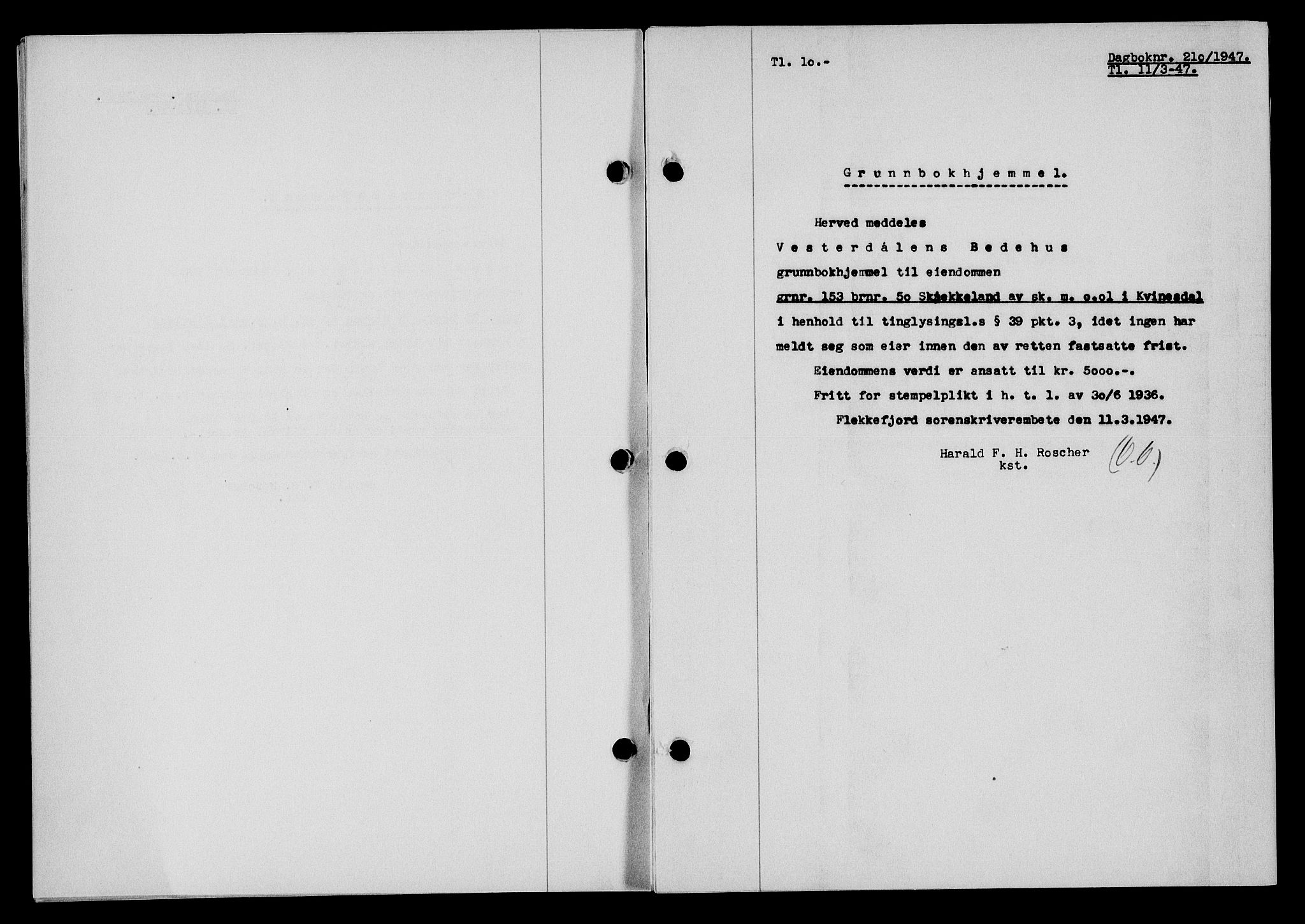 Flekkefjord sorenskriveri, SAK/1221-0001/G/Gb/Gba/L0061: Mortgage book no. A-9, 1946-1947, Diary no: : 210/1947