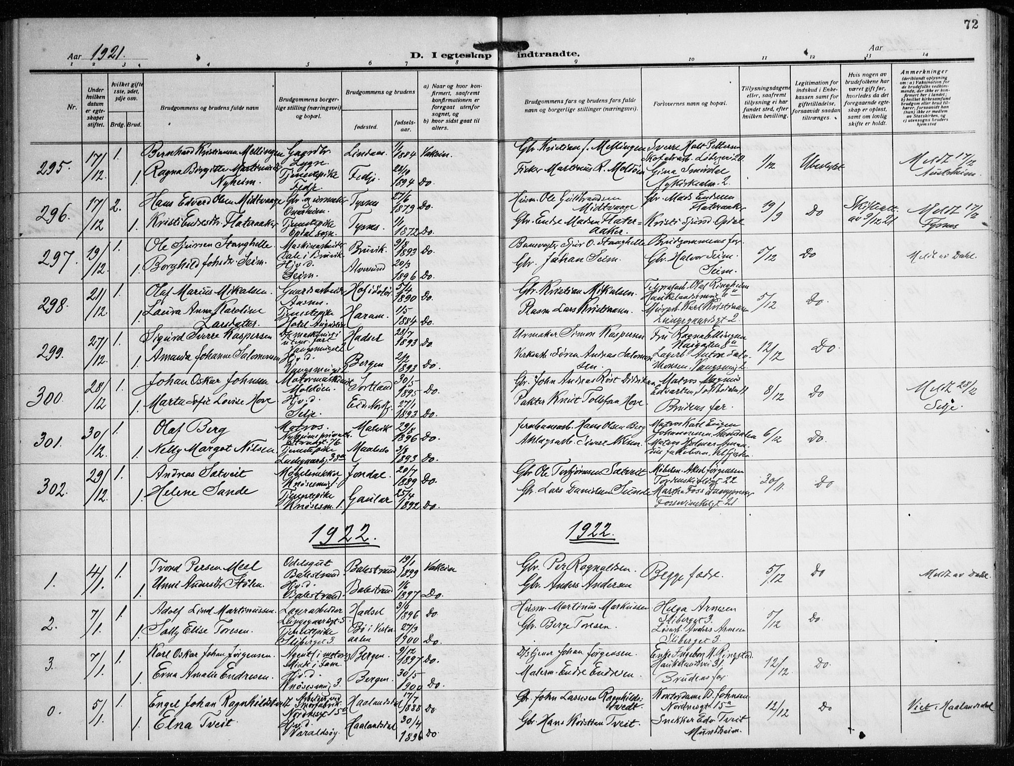 Nykirken Sokneprestembete, SAB/A-77101/H/Haa/L0037: Parish register (official) no. D 7, 1918-1926, p. 72