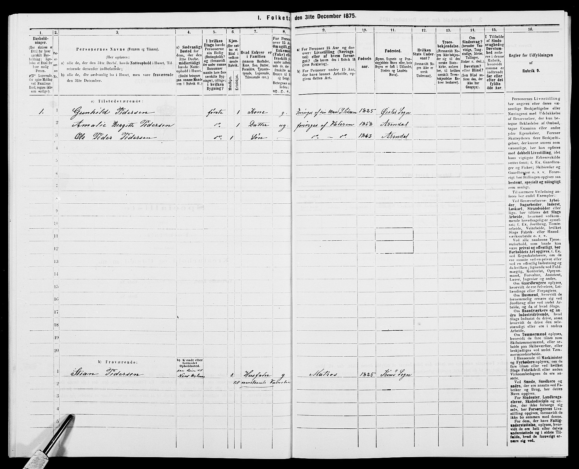 SAK, 1875 census for 0903P Arendal, 1875, p. 508