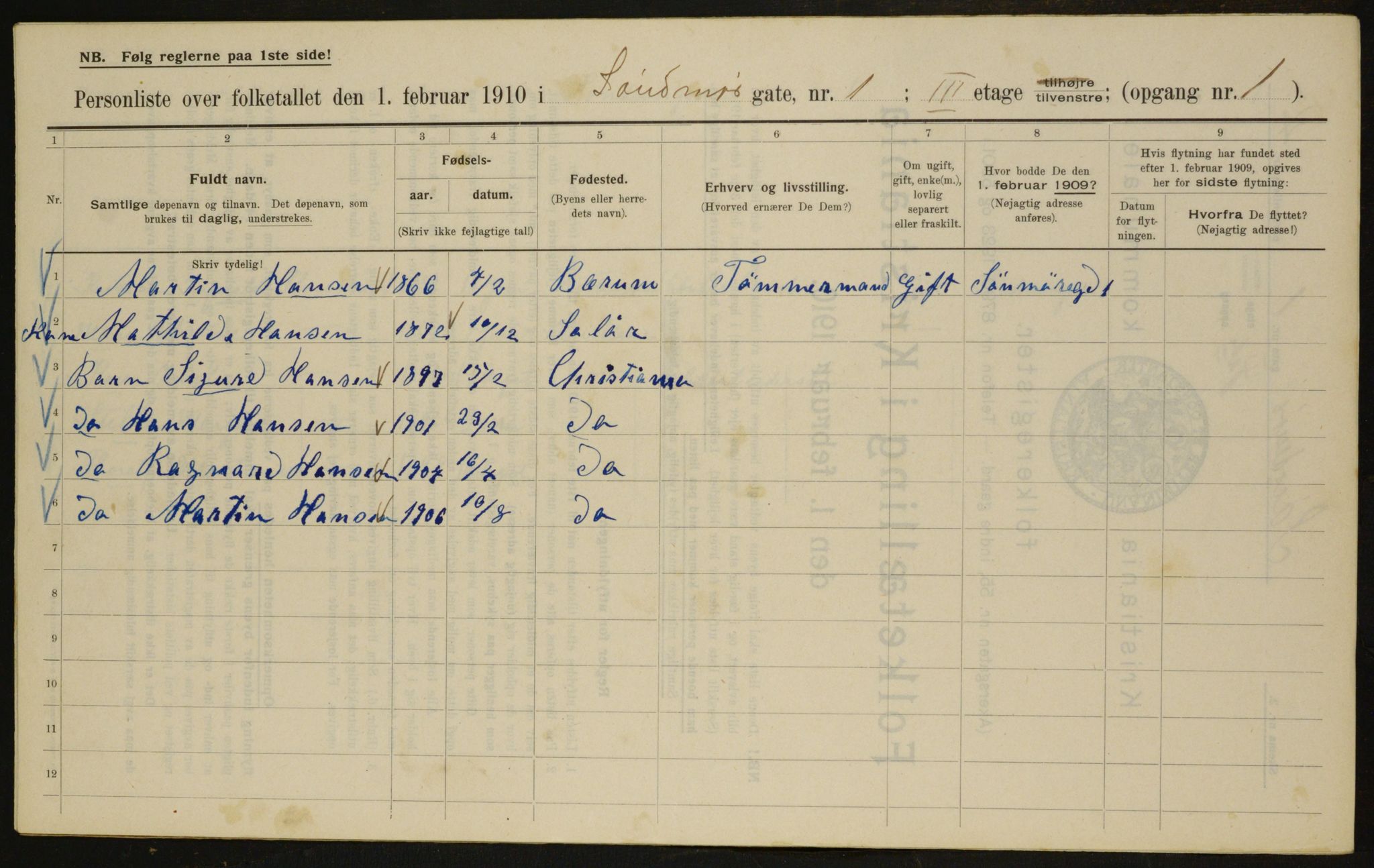 OBA, Municipal Census 1910 for Kristiania, 1910, p. 99332