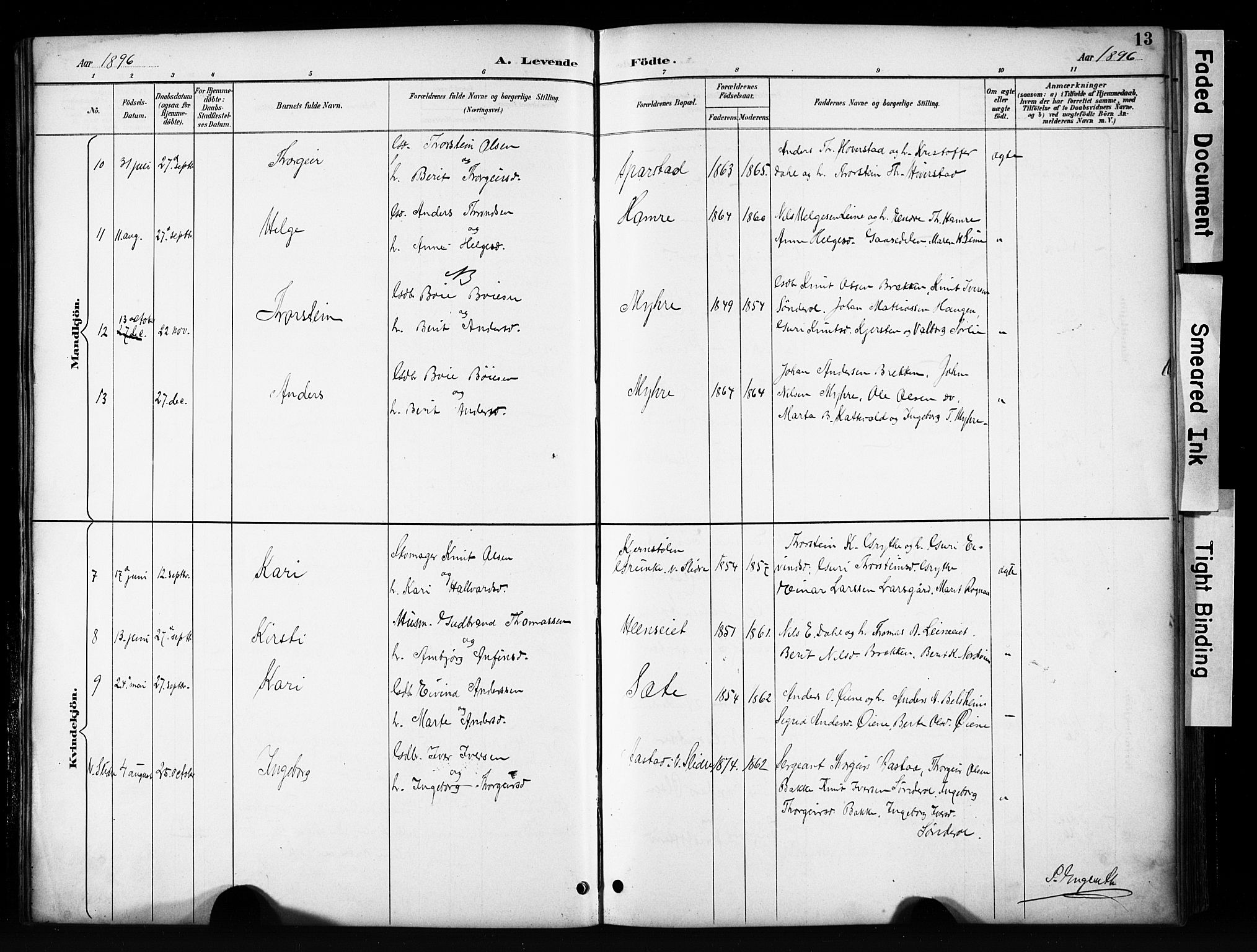 Vang prestekontor, Valdres, SAH/PREST-140/H/Hb/L0006: Parish register (copy) no. 6, 1893-1918, p. 13
