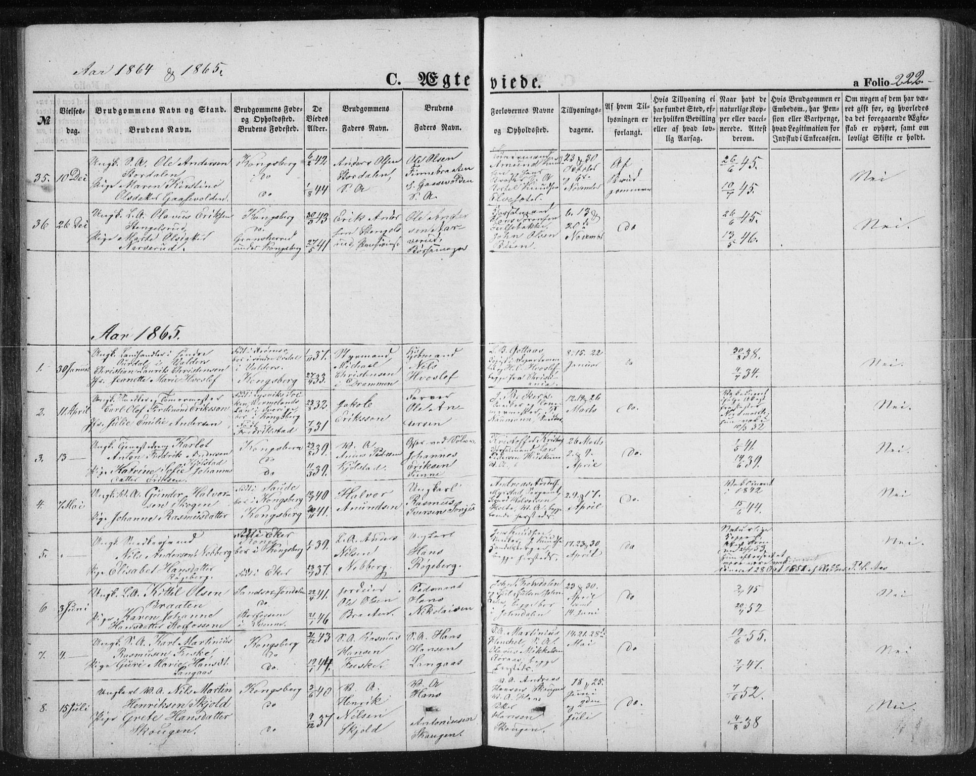 Kongsberg kirkebøker, AV/SAKO-A-22/F/Fa/L0010: Parish register (official) no. I 10, 1859-1875, p. 222