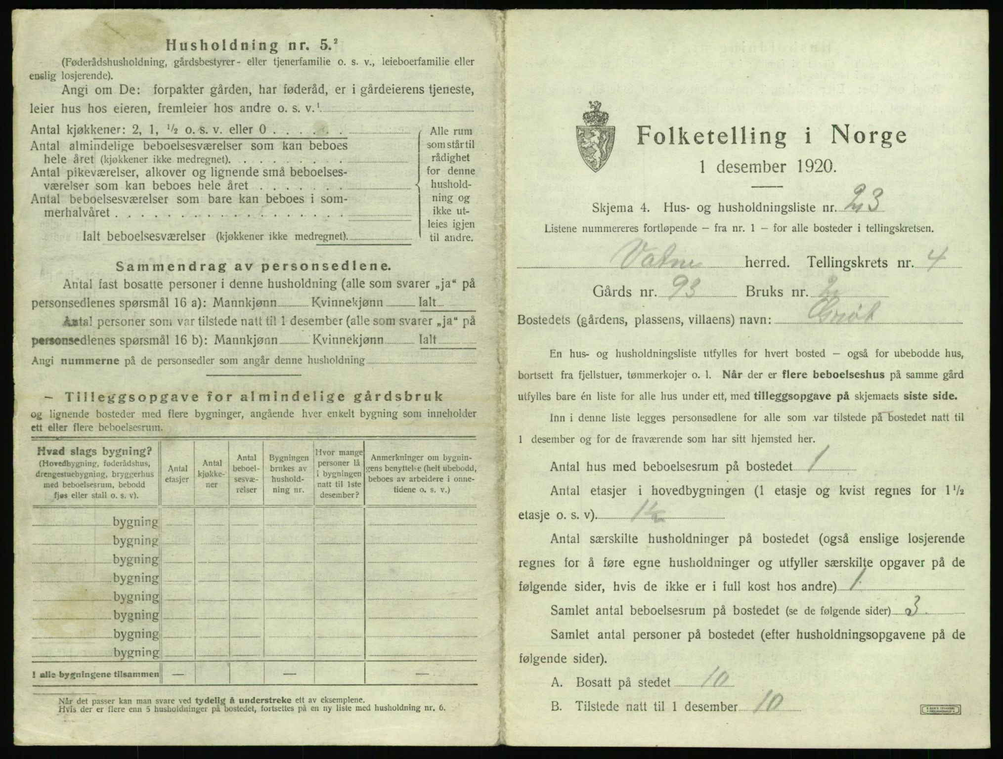 SAT, 1920 census for Vatne, 1920, p. 288