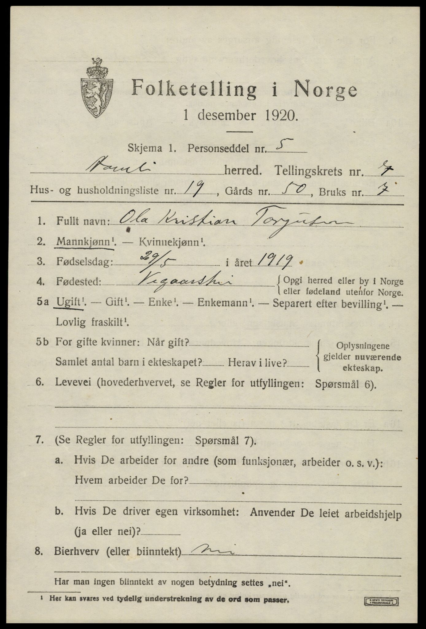 SAK, 1920 census for Åmli, 1920, p. 3173