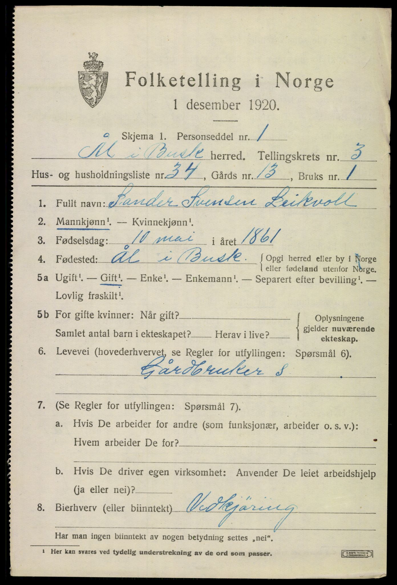 SAKO, 1920 census for Ål, 1920, p. 2768