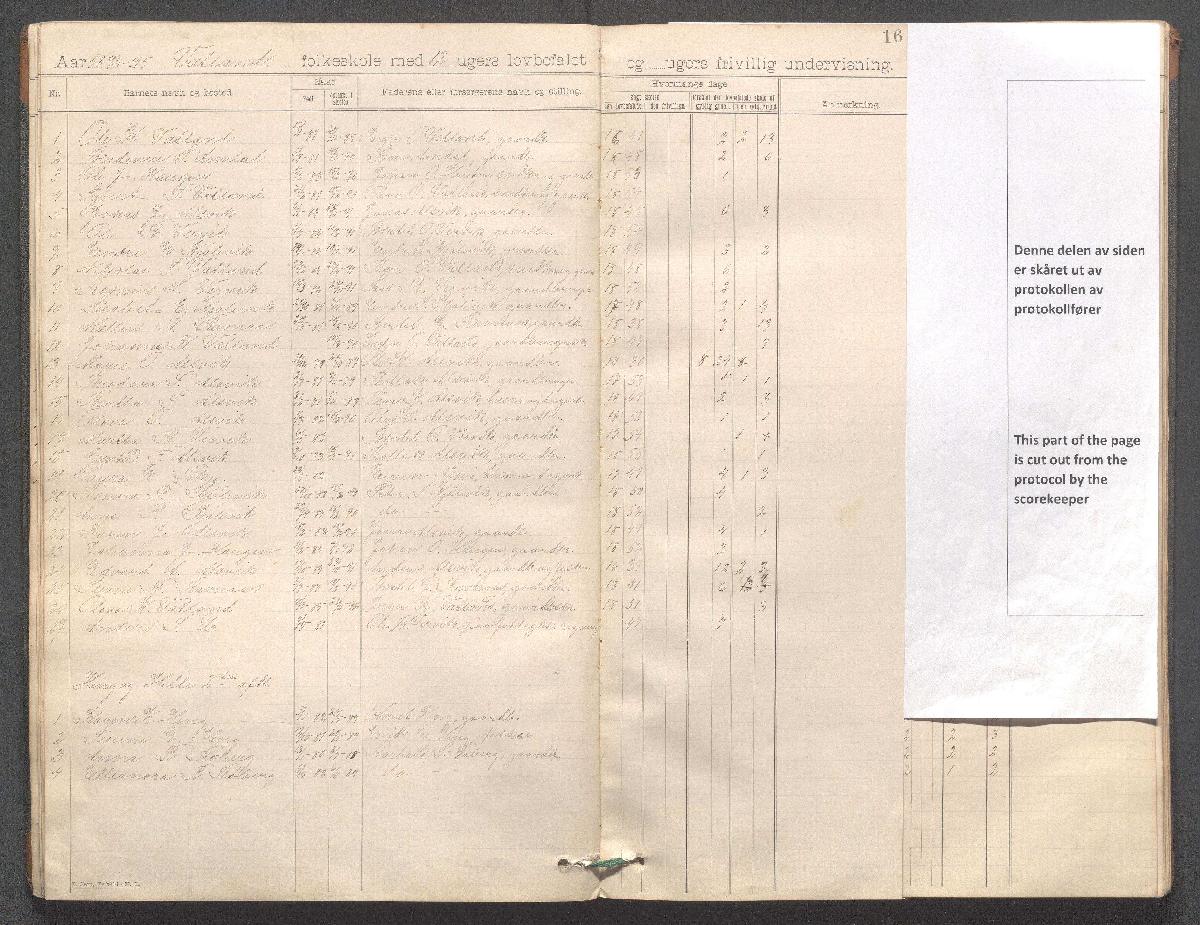 Strand kommune - Vatland skole, IKAR/A-161/H/L0001: Skoleprotokoll for Vatland, Helle, Heng , 1892-1901, p. 16