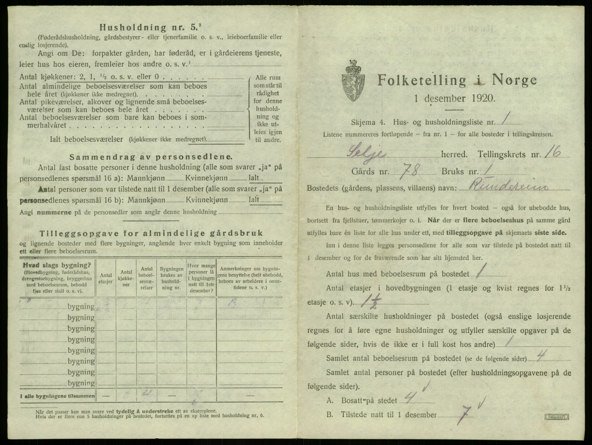 SAB, 1920 census for Selje, 1920, p. 980