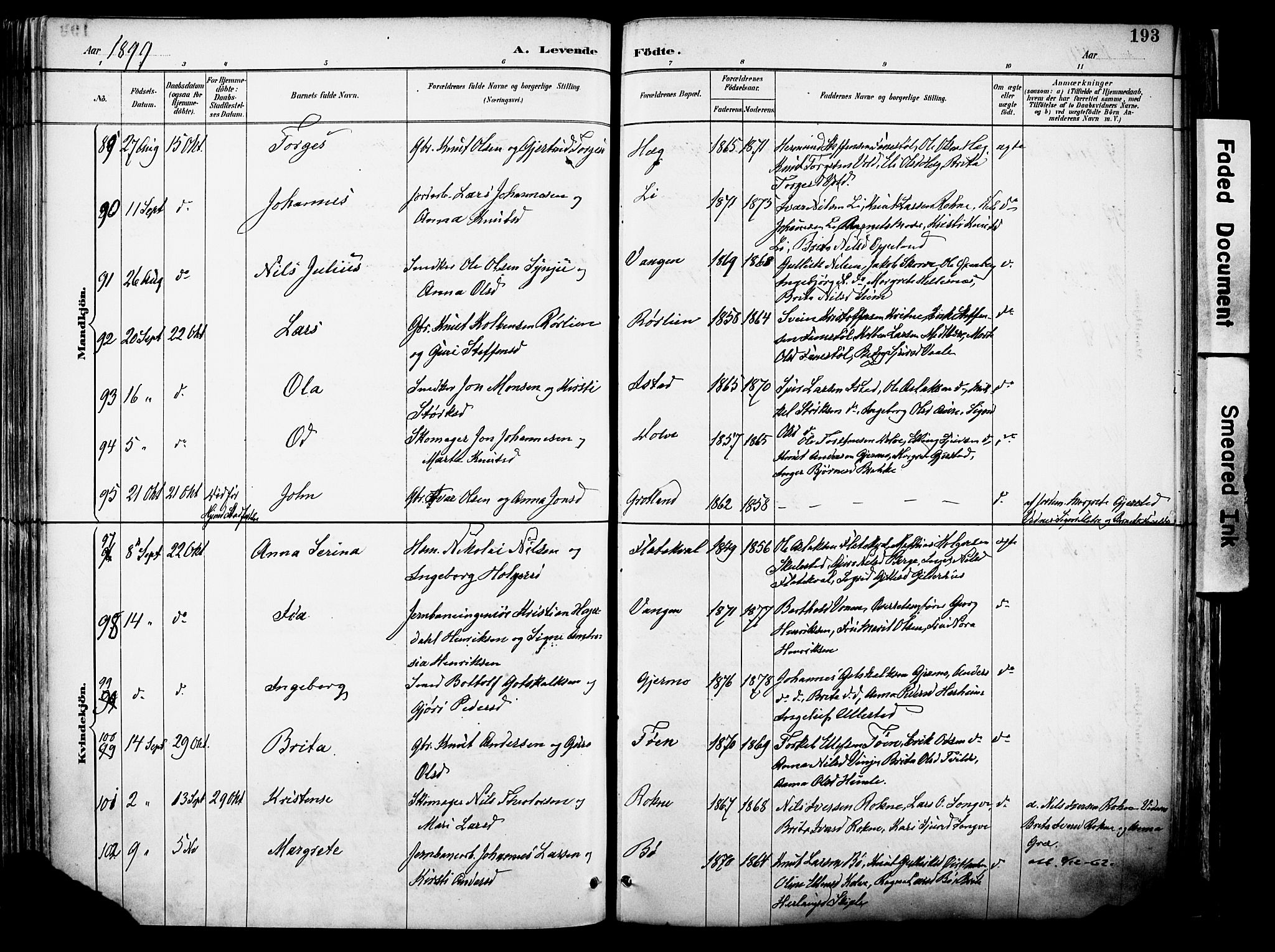 Voss sokneprestembete, SAB/A-79001/H/Haa: Parish register (official) no. A 21, 1887-1903, p. 193