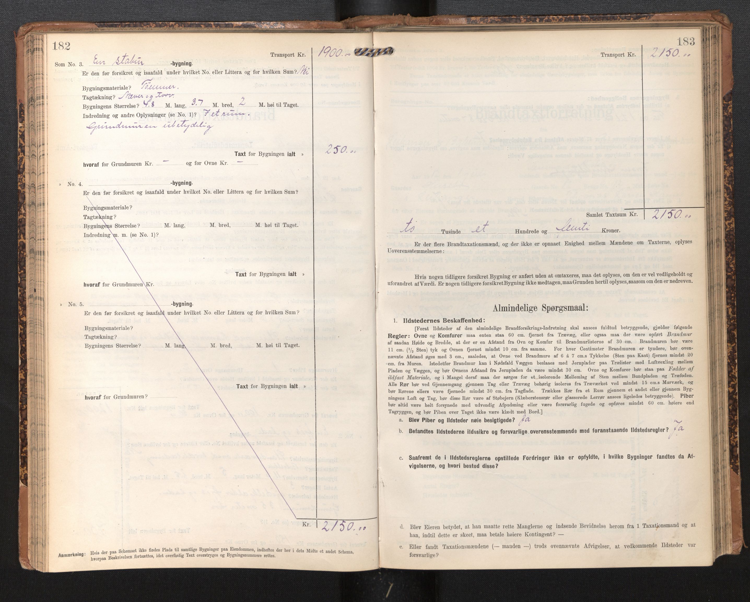 Lensmannen i Leikanger, AV/SAB-A-29201/0012/L0005: Branntakstprotokoll, skjematakst, 1907-1917, p. 182-183