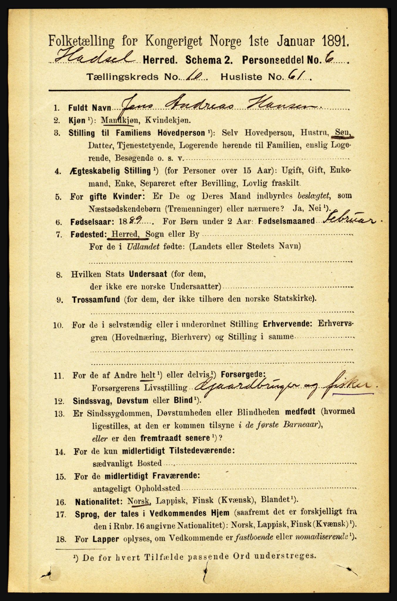 RA, 1891 census for 1866 Hadsel, 1891, p. 4595