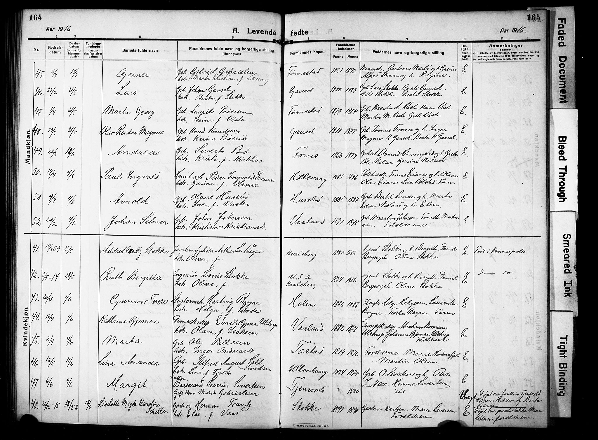 Hetland sokneprestkontor, AV/SAST-A-101826/30/30BB/L0008: Parish register (copy) no. B 8, 1910-1921, p. 164-165