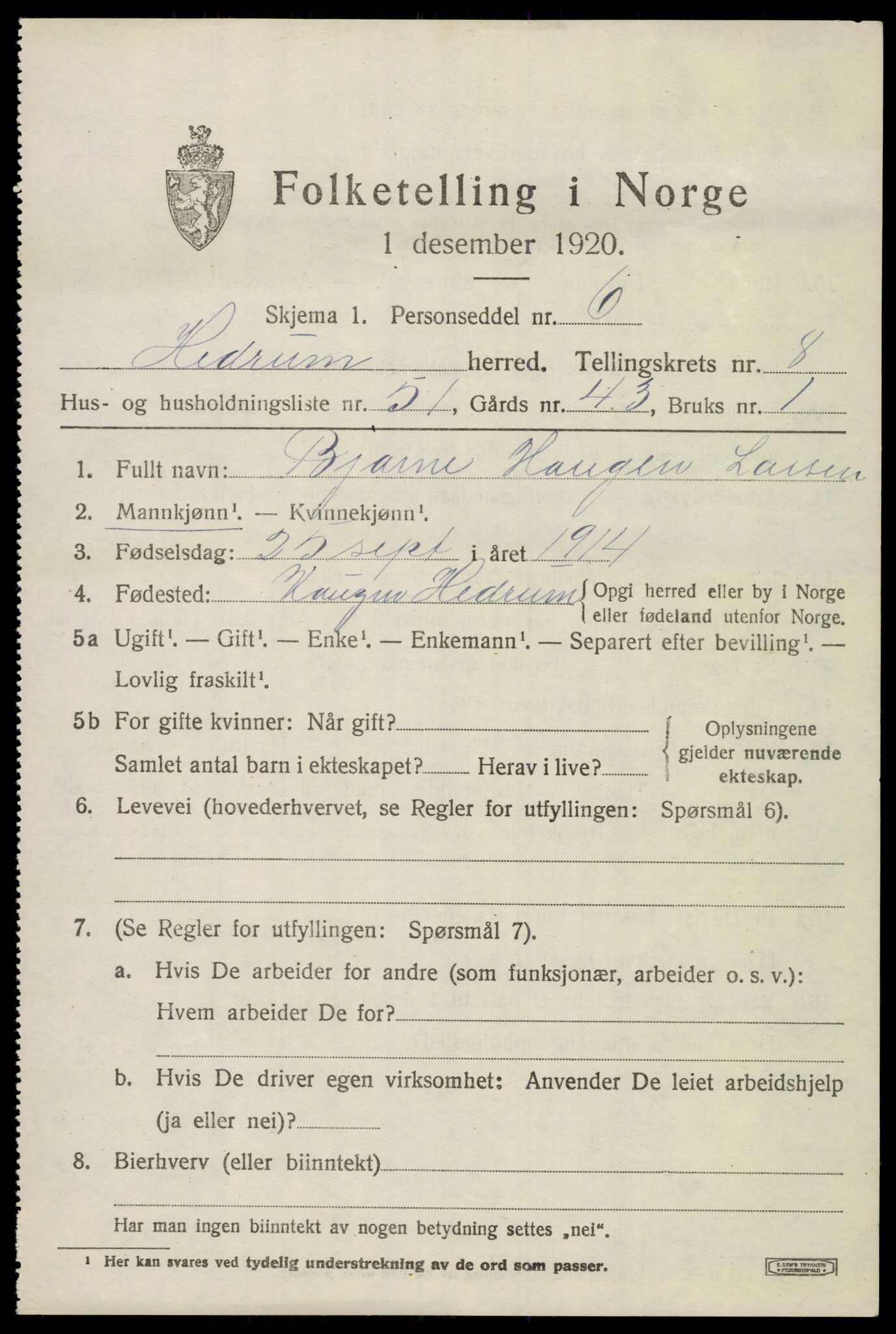 SAKO, 1920 census for Hedrum, 1920, p. 6801