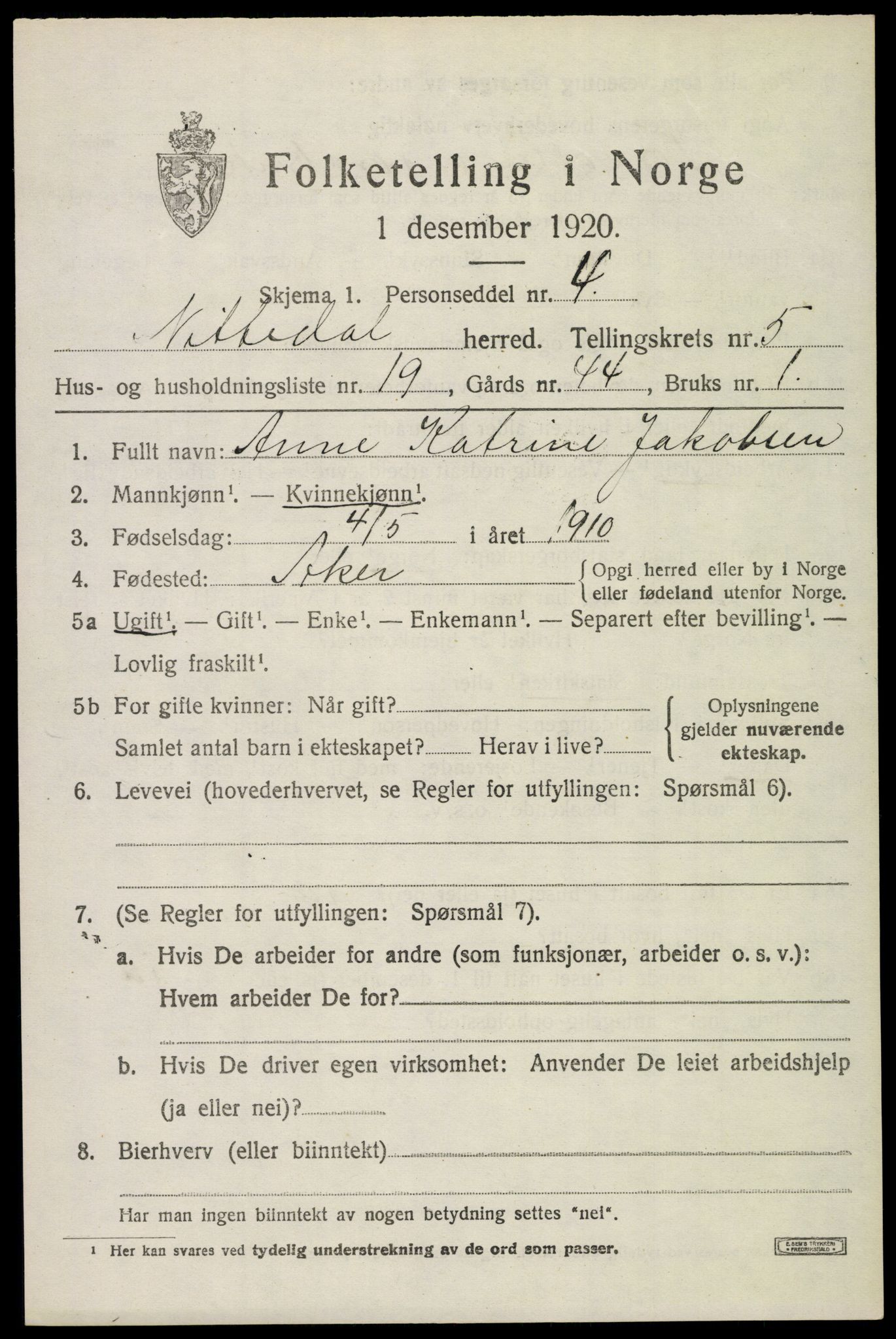 SAO, 1920 census for Nittedal, 1920, p. 6694