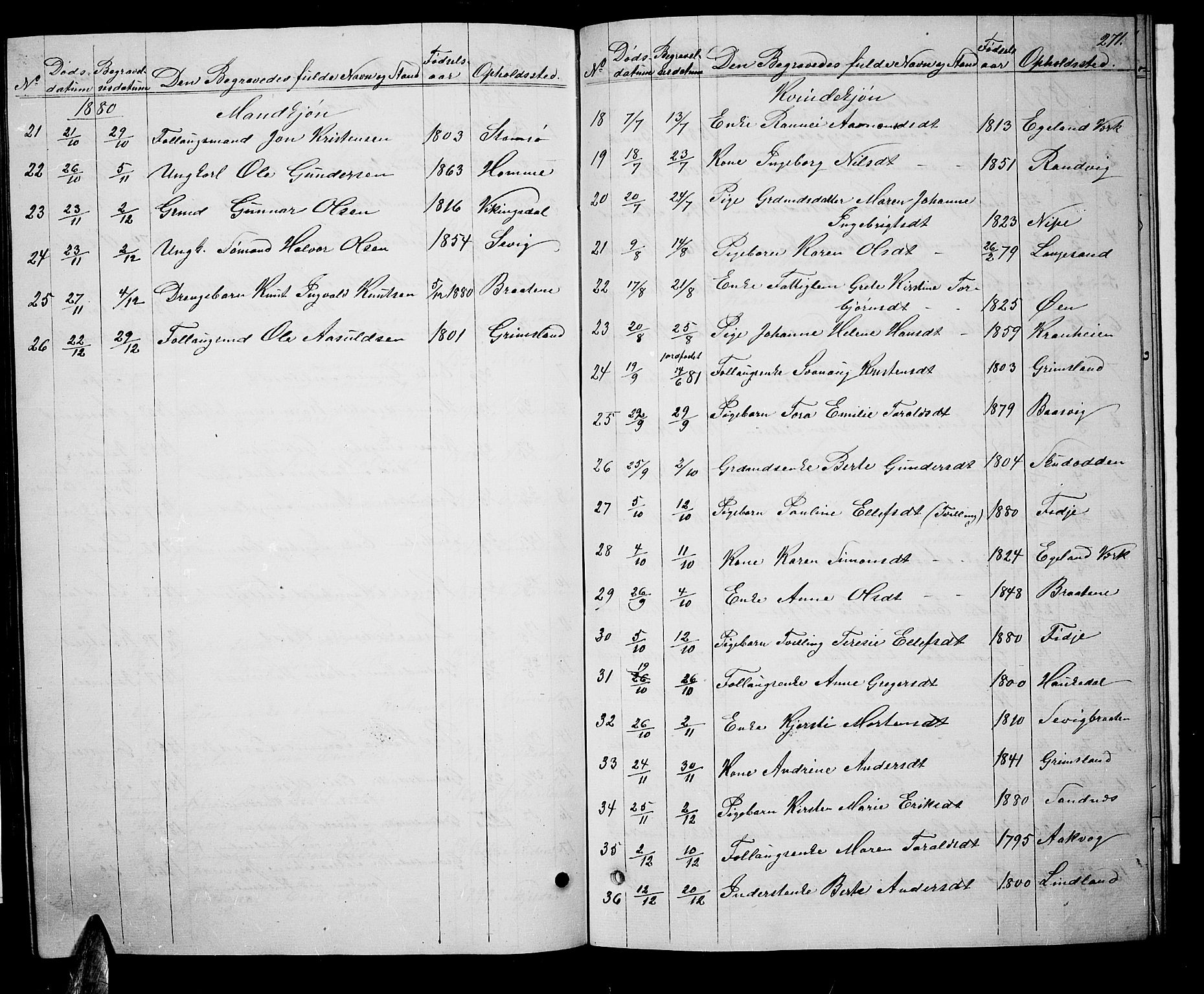 Søndeled sokneprestkontor, AV/SAK-1111-0038/F/Fb/L0004: Parish register (copy) no. B 4, 1857-1884, p. 271