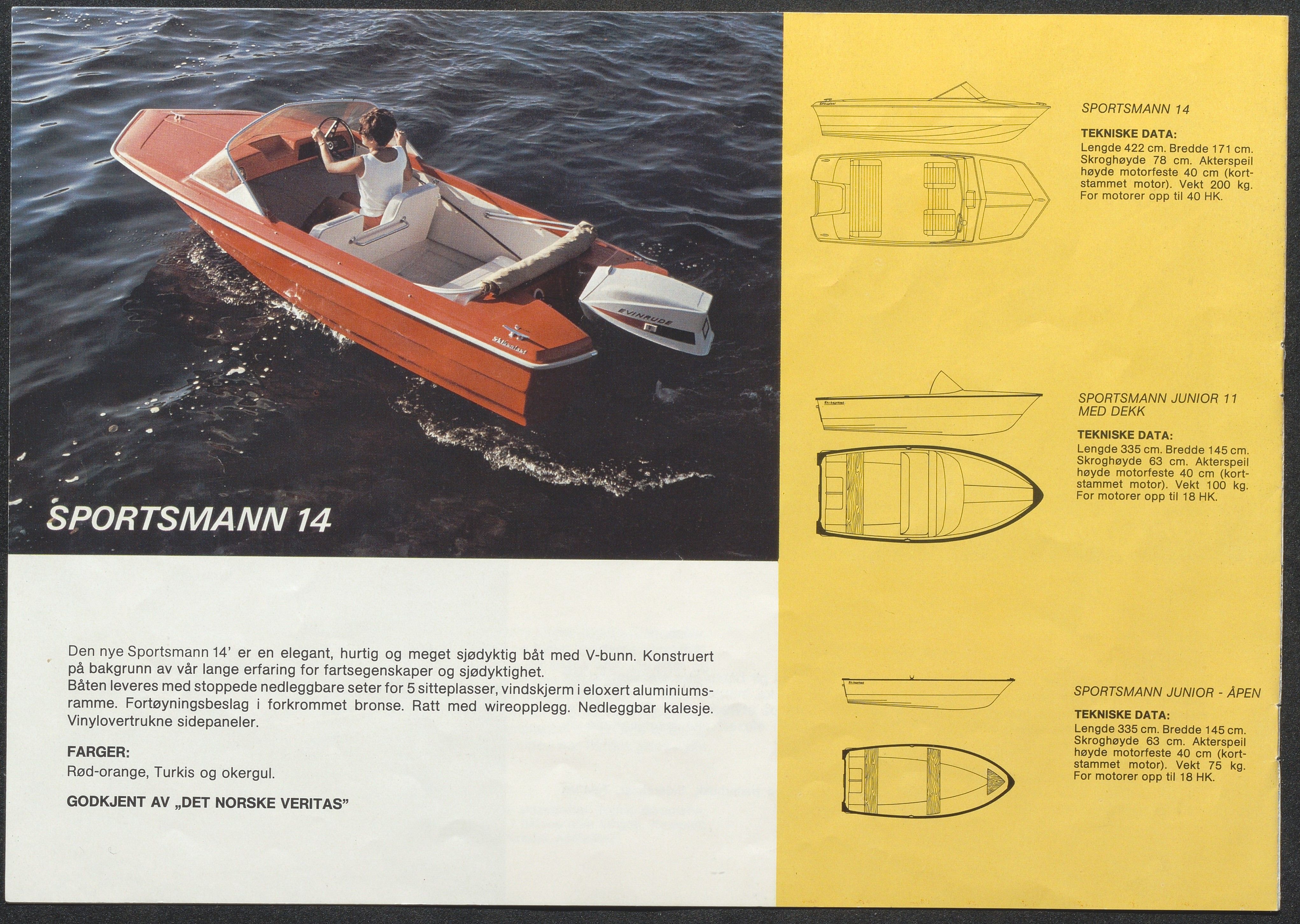 Skibsplast, AAKS/PA-2968/01/X/X01/L0001/0012: Brosjyrer / Seamaster 17 Tour-cruiser (1970-1976). Seamaster 17 Hardtop (1970/71-1975). Sport-Master 15 Hardtop (1970-1986). Sport-Master 15 VS (1971-1987). Sportsmann 14 (1971-1989). Sportsmann Junior 11' (1960-1964). , 1960-1989