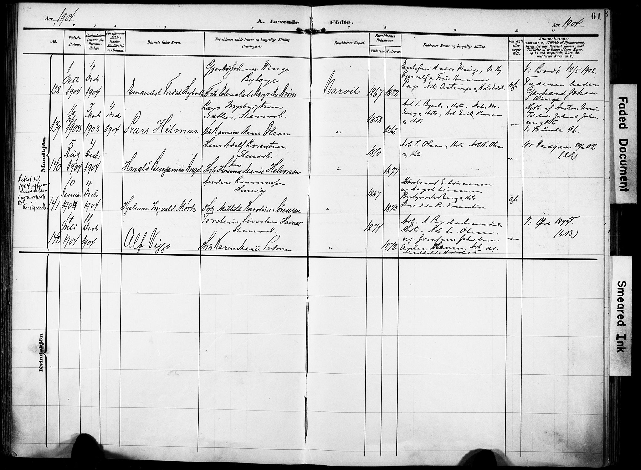 Ministerialprotokoller, klokkerbøker og fødselsregistre - Nordland, AV/SAT-A-1459/871/L0994: Parish register (official) no. 871A10, 1902-1910, p. 61