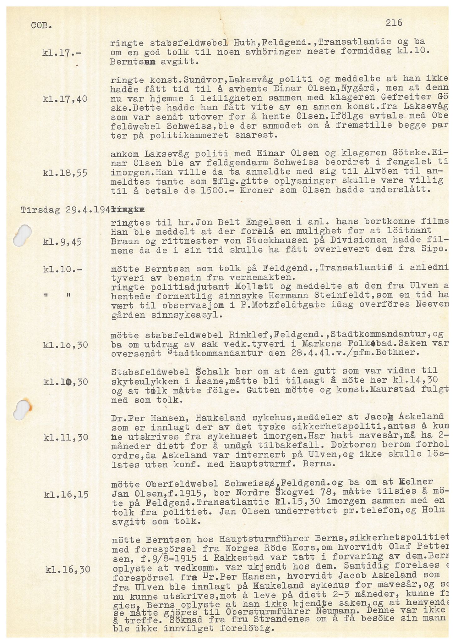 Bergen politikammer / politidistrikt, SAB/A-60401/Y/Ye/L0001: Avskrift av krigsdagbok av Dankert Thuland, 1940-1941, p. 216
