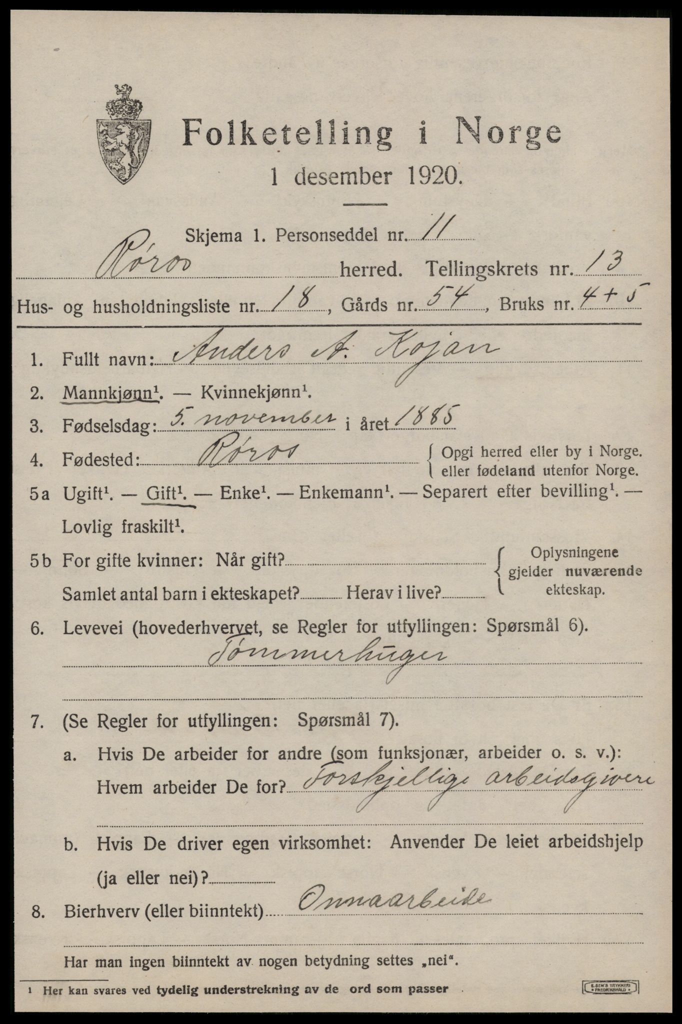 SAT, 1920 census for Røros, 1920, p. 9666