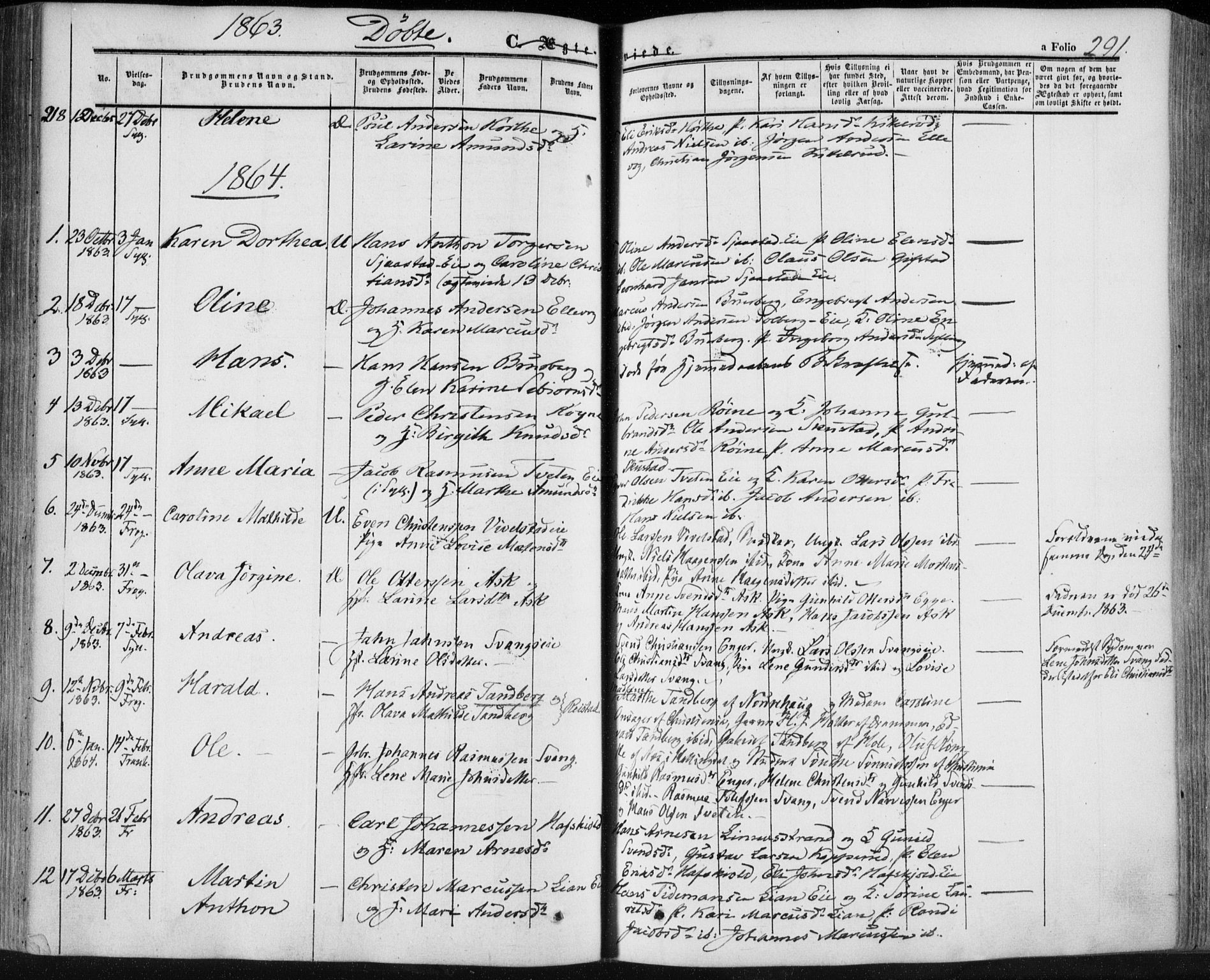 Lier kirkebøker, SAKO/A-230/F/Fa/L0012: Parish register (official) no. I 12, 1854-1864, p. 291